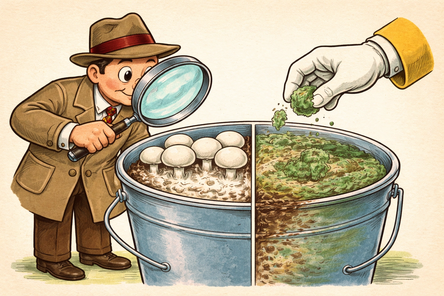 A storybook-style cross-section of an indoor mushroom bucket showing healthy white mycelium on one side and green mold on the other, illustrating mold contamination in oyster mushroom projects.