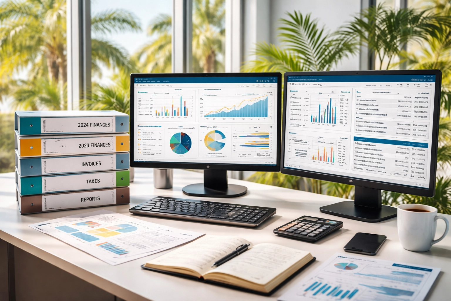 Contemporary accounting office with monitors showing financial reports and organized binders, ideal for South Florida businesses