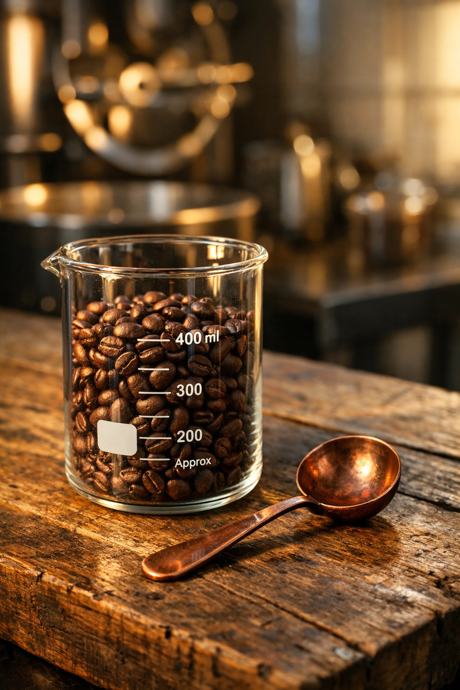 Lab-tested specialty grade coffee beans in a beaker, verifying mold-free purity in Toledo.
