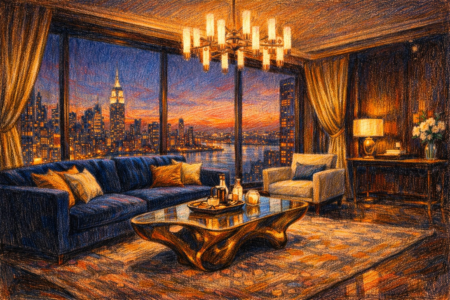 Boutique hotel suite interior with a navy velvet sofa and sculptural furniture overlooking a city.