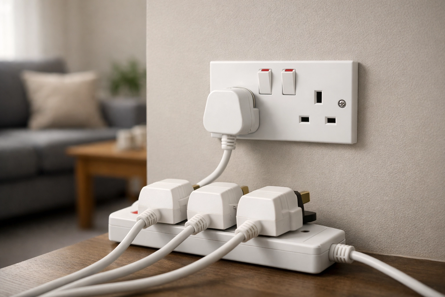 Overloaded UK power socket with multiple plugs in an extension lead, a fire hazard electrician Poole can fix.