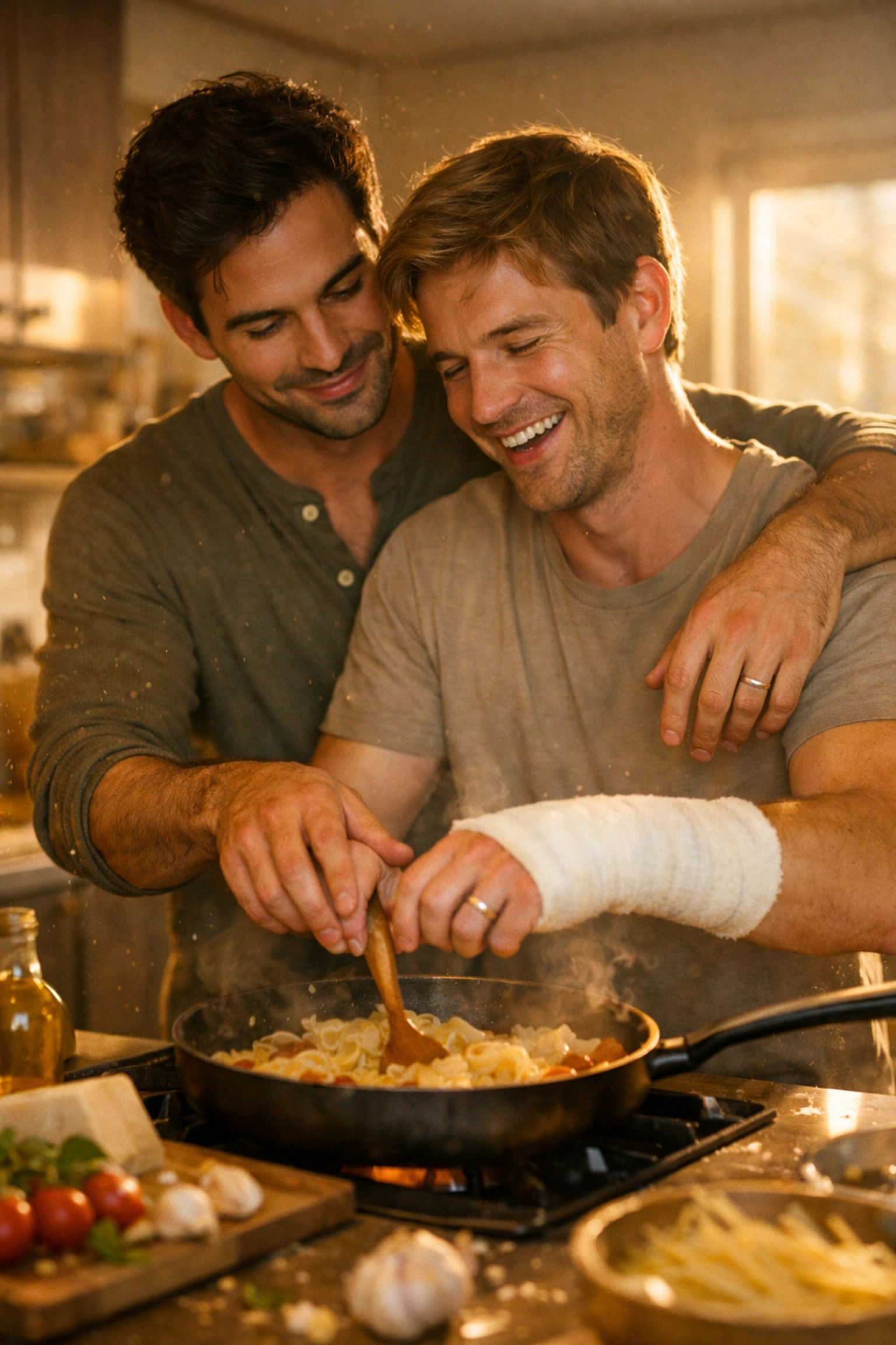 Gay couple cooking together during healing process - domestic MM romance moment