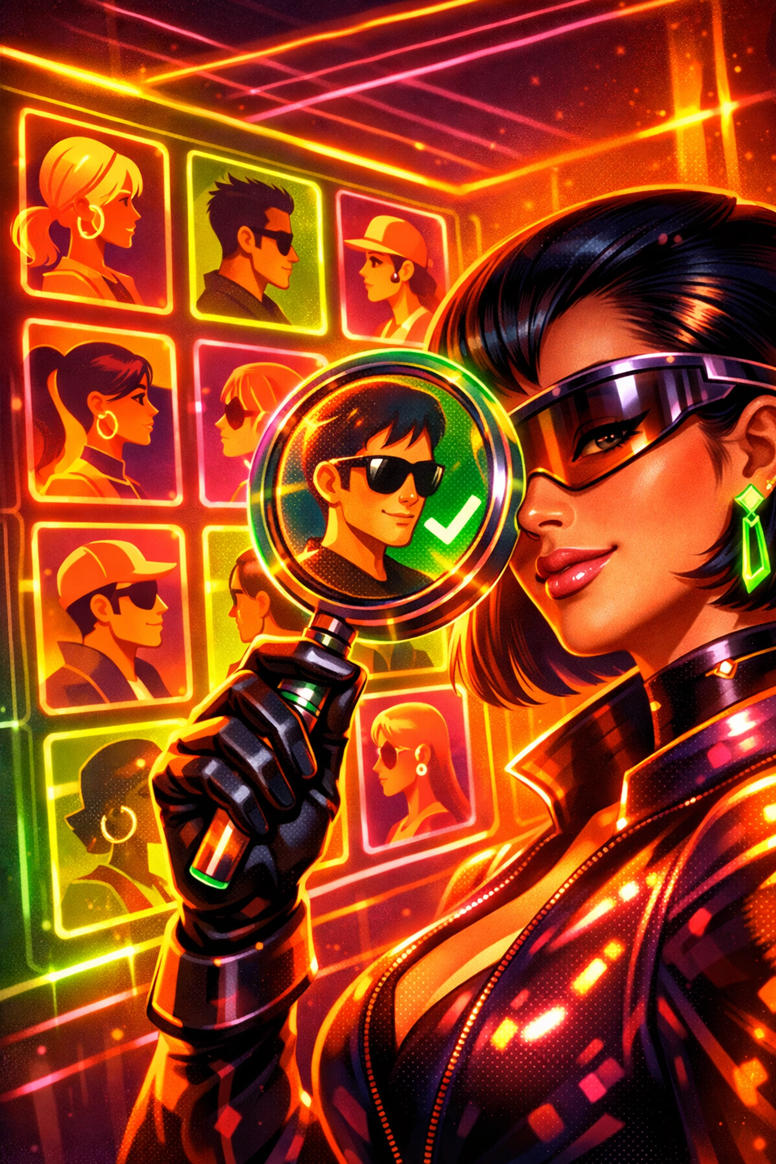 A woman using a digital magnifying glass to verify online dating profiles and perform a vibe check.