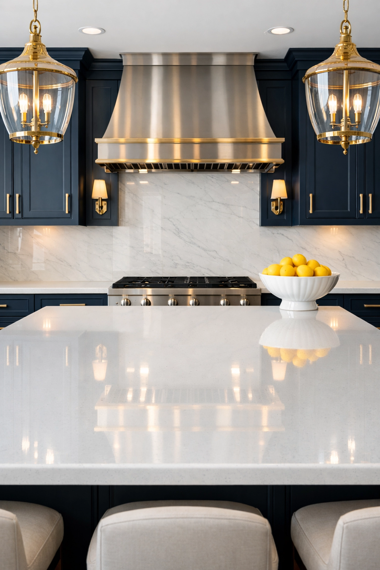 Stunning kitchen with a spotless quartz island from house cleaning Ashby MA.
