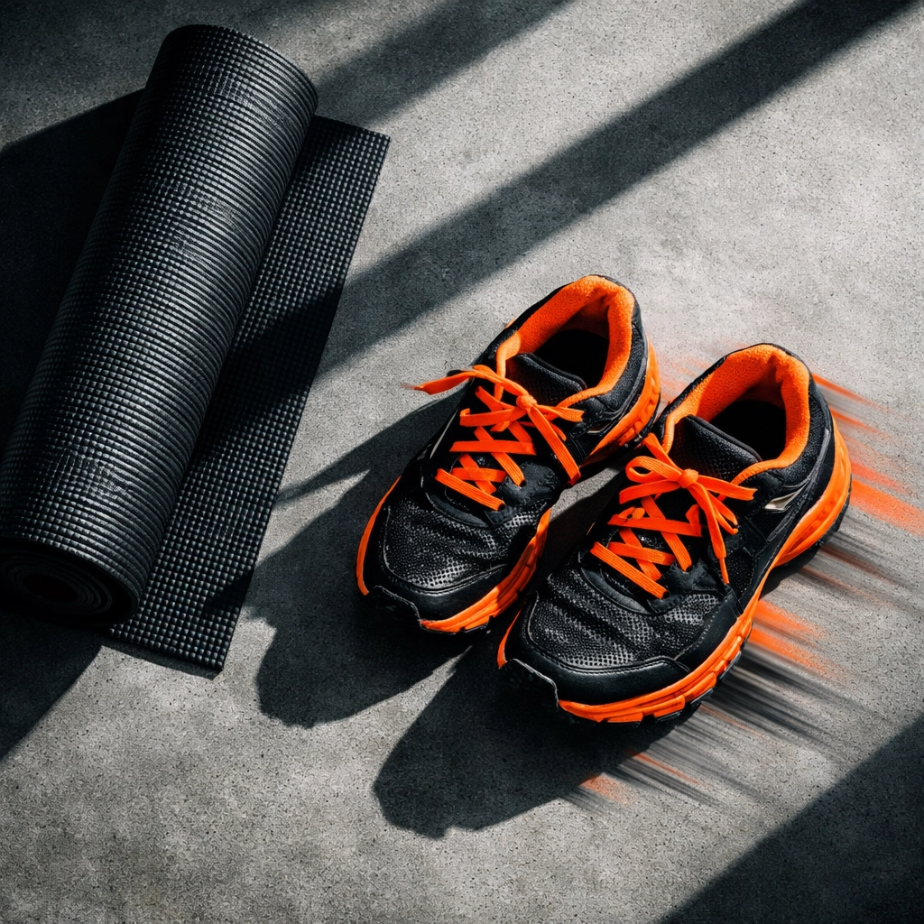 Minimalist home gym on a concrete floor with well-worn black running shoes with orange accents beside a yoga mat, bold shadows and clean modern styling—recovery and strength as part of a longevity running routine.