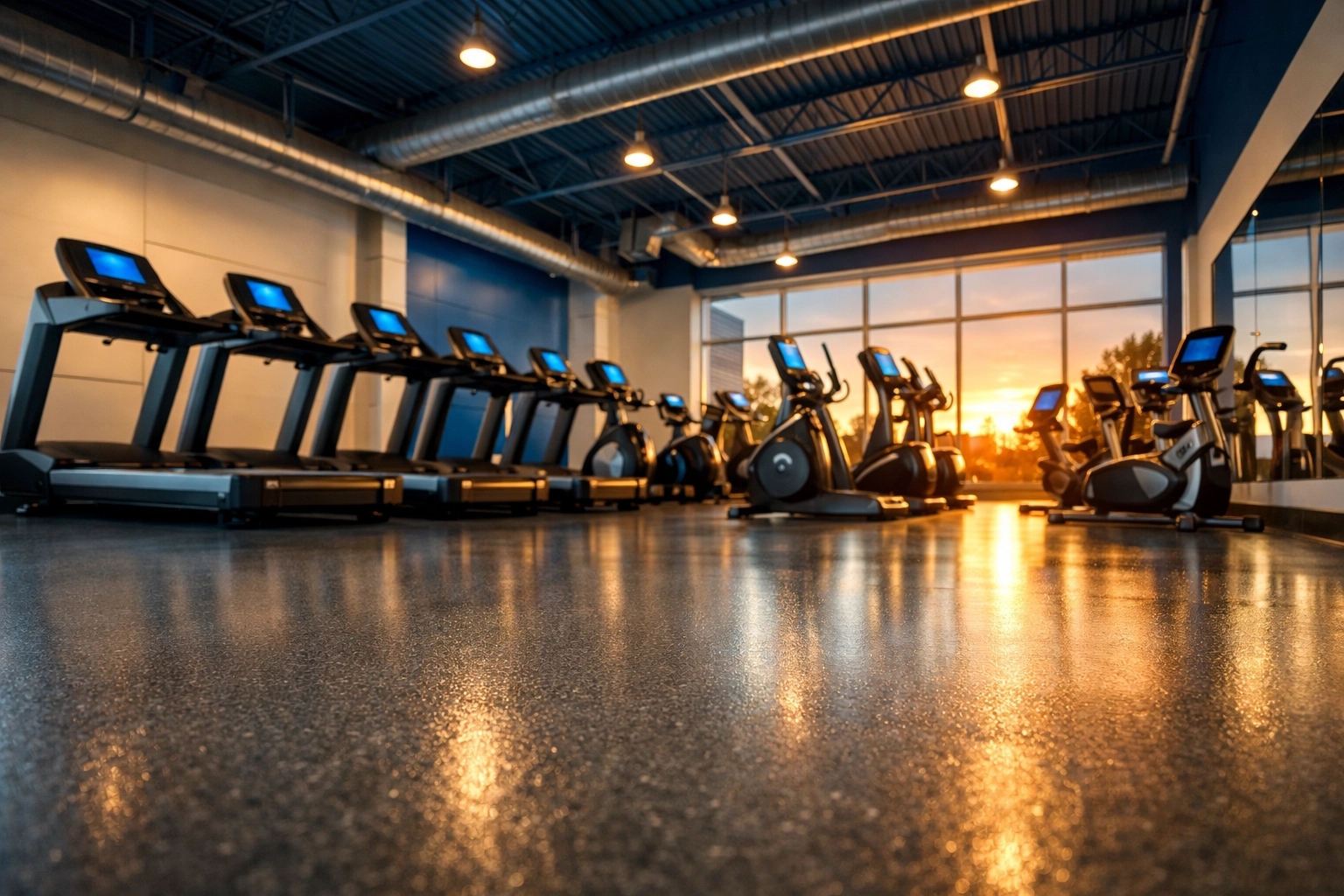 A clean fitness center in Fitchburg, MA with sanitized cardio machines and polished floors.