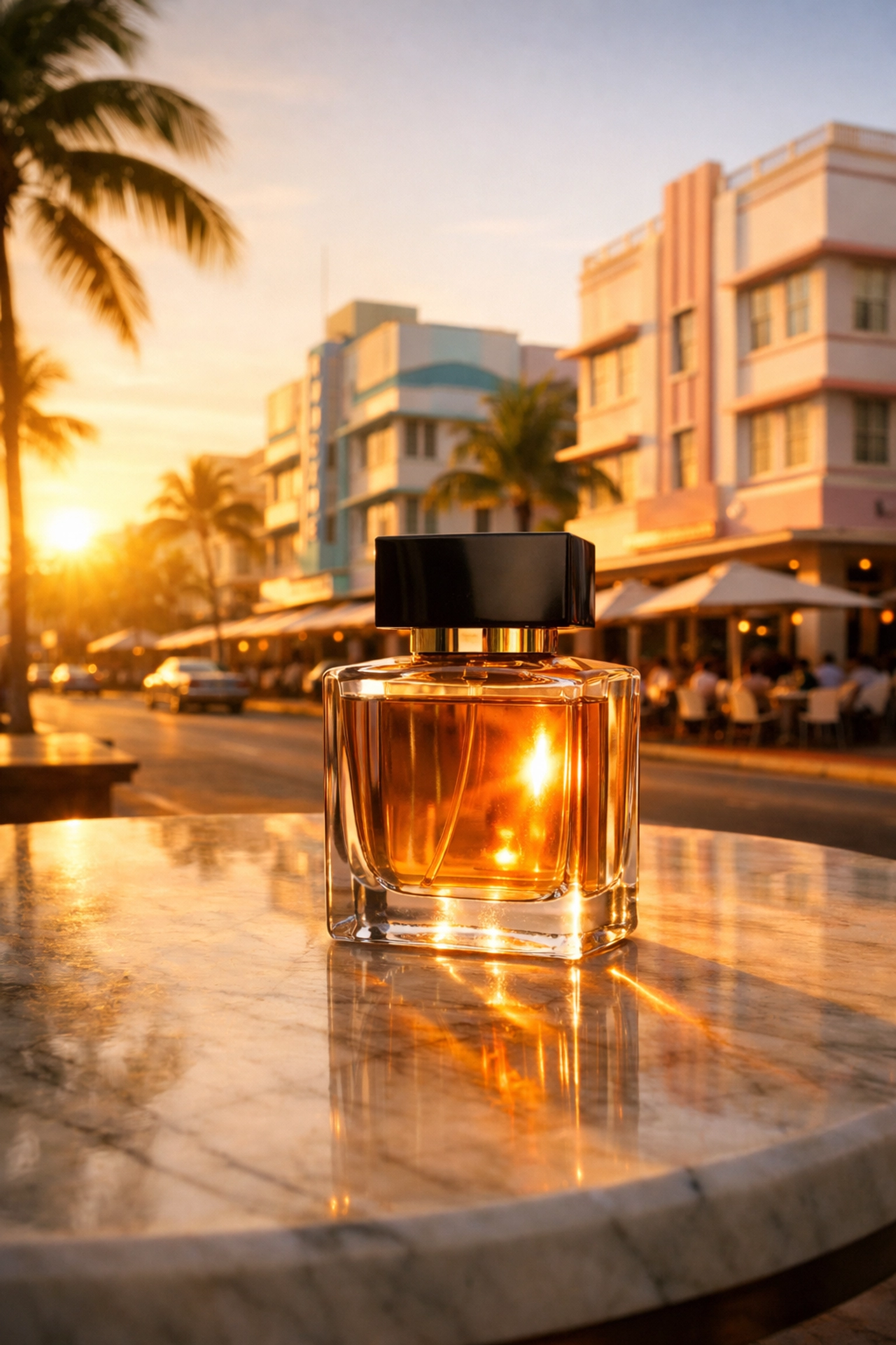 Luxury perfume bottle lifestyle photography in Miami Beach with Art Deco background.