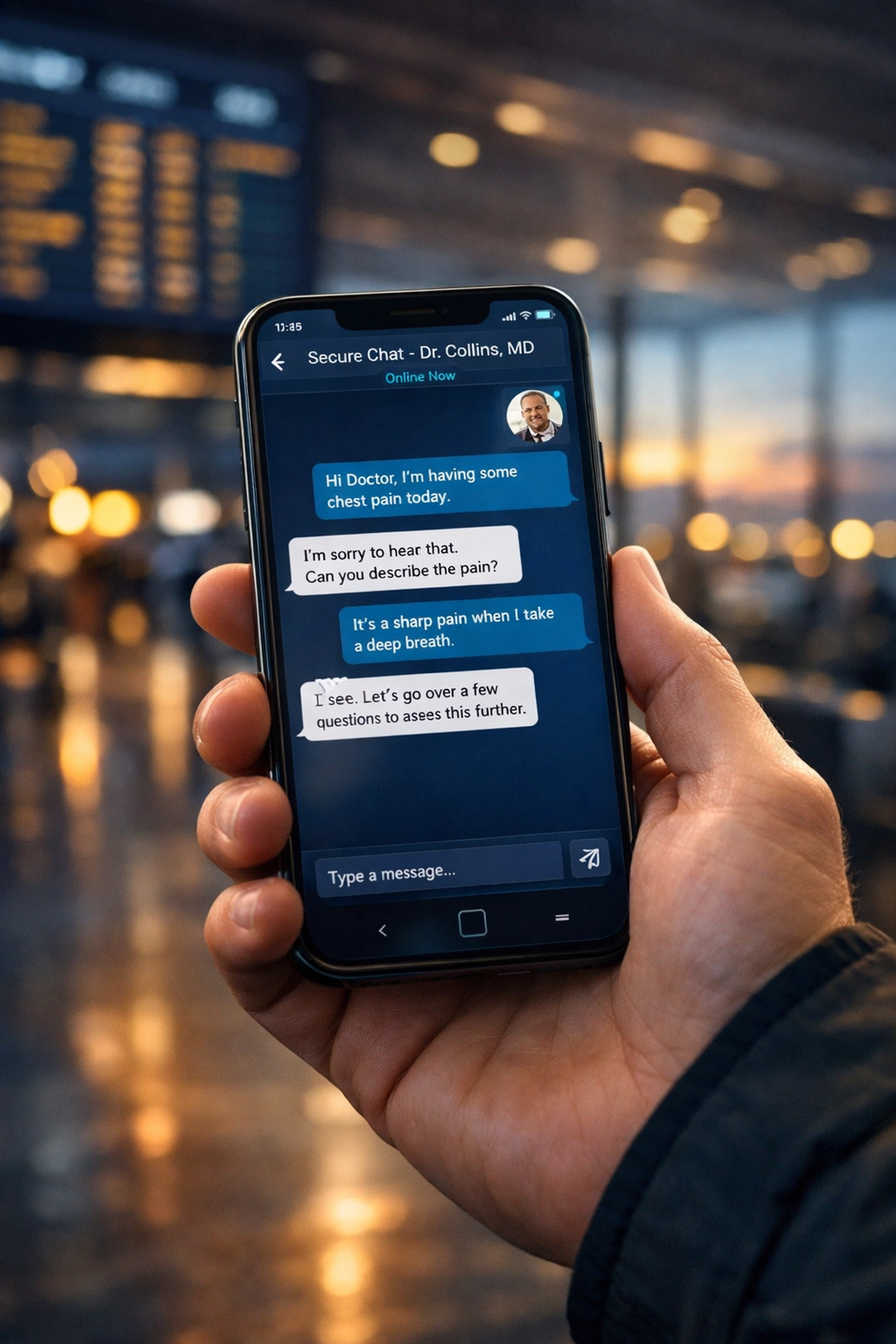 A traveler using secure medical messaging for a 24/7 online doctor consultation in an airport terminal.