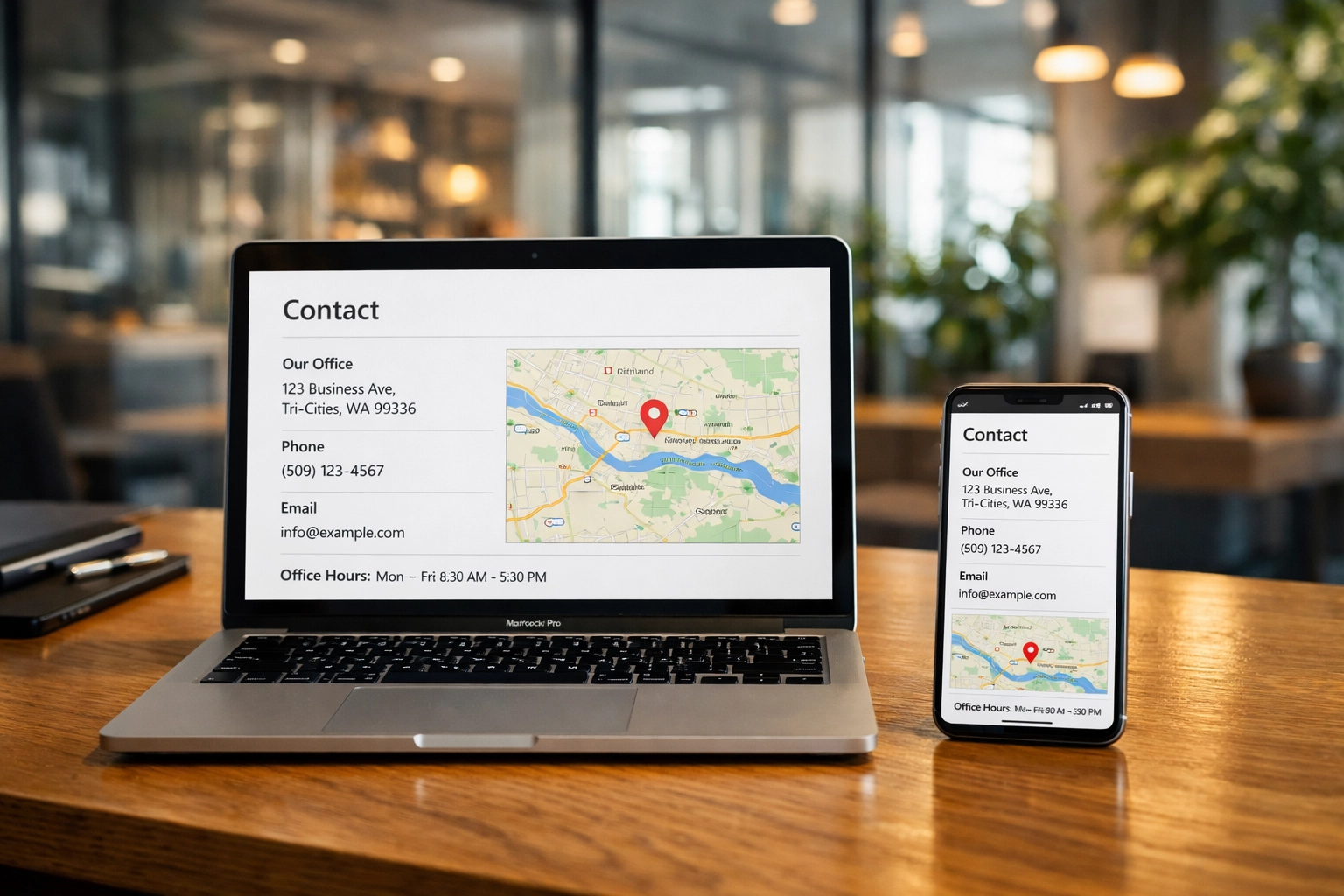 Synchronized local business contact data on a laptop and phone for consistent Tri-Cities local SEO results.