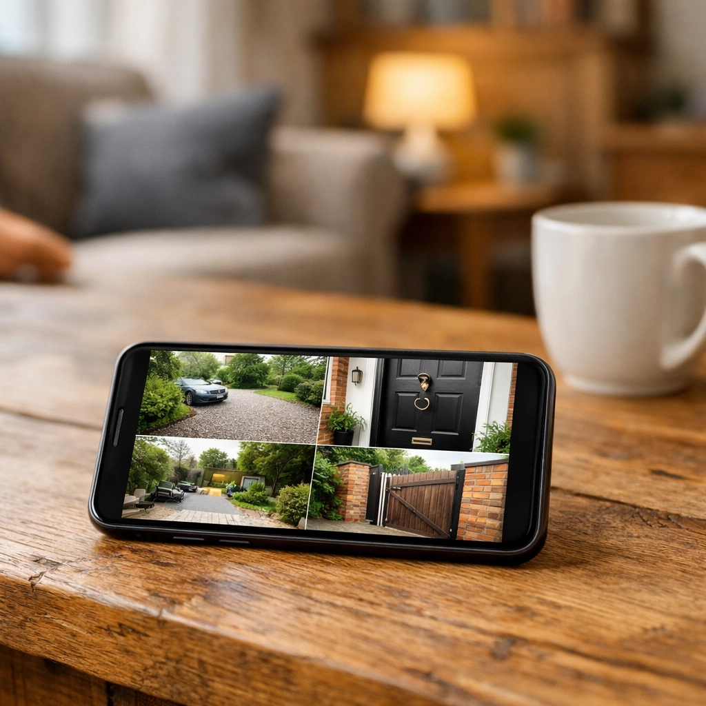 Smartphone app showing high-definition home security camera feeds for remote monitoring in Hereford.