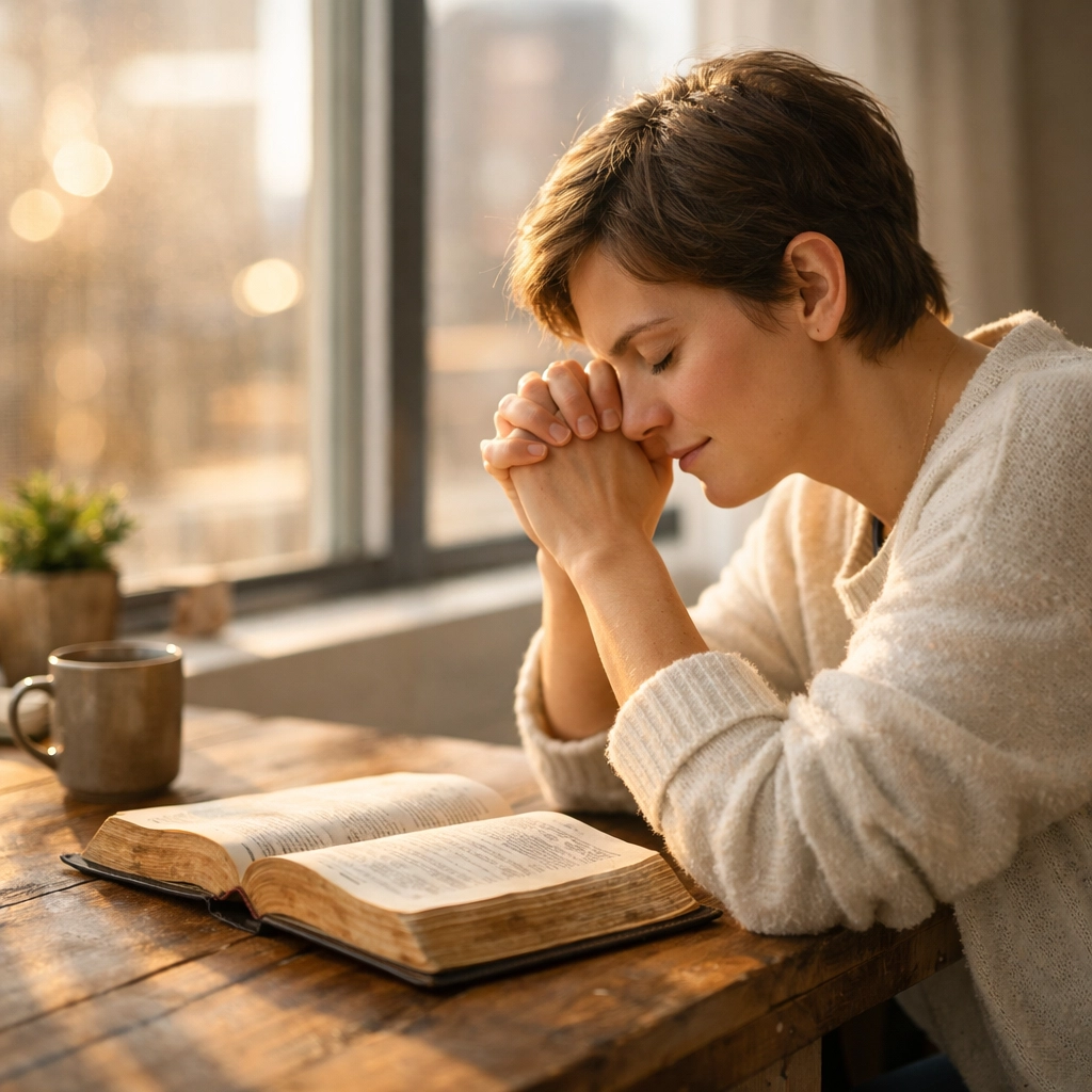 A Christian practicing bible verse meditation at a sunny table for daily scripture reflection and peace.