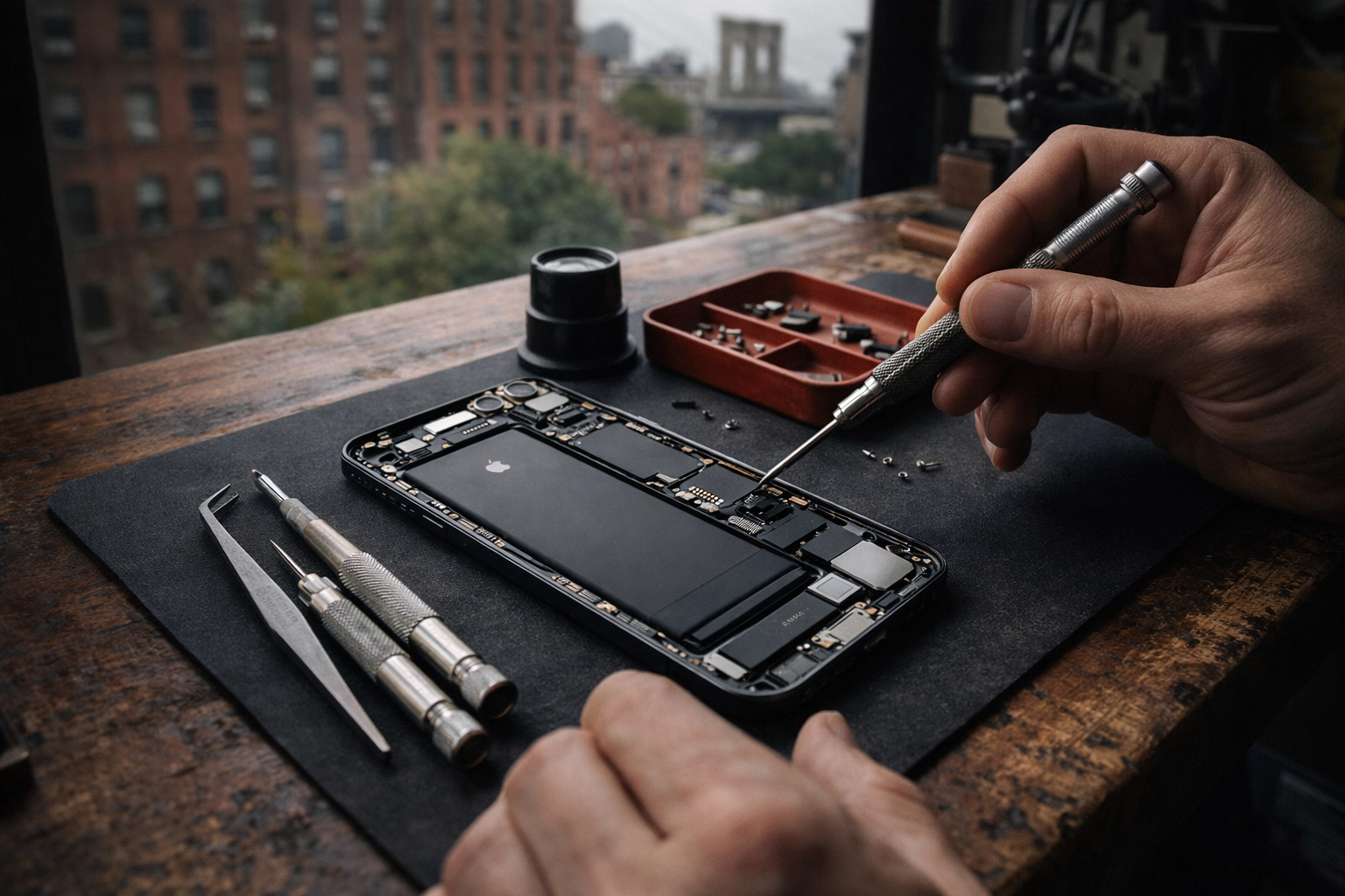 Professional repair tools and technician hands working on a real iPhone, illustrating Premium part quality and craftsmanship.