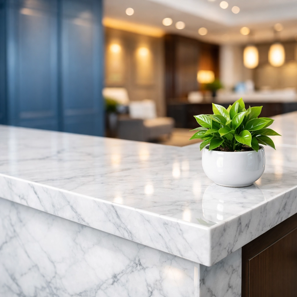 Pristine marble reception desk in a Wayland office, highlighting professional commercial cleaning results.