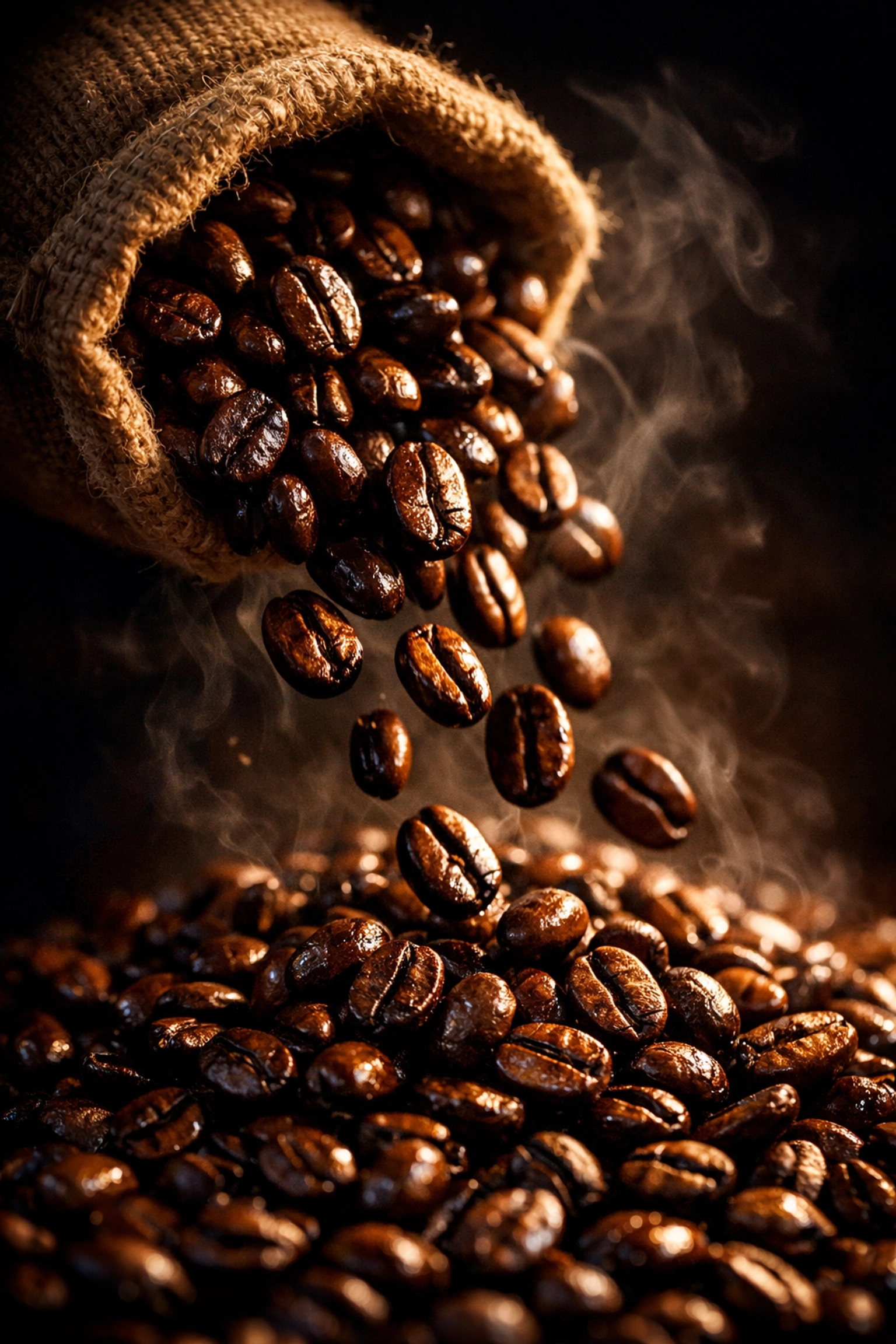 Freshly roasted coffee beans with glossy sheen demonstrating on-demand roasting quality