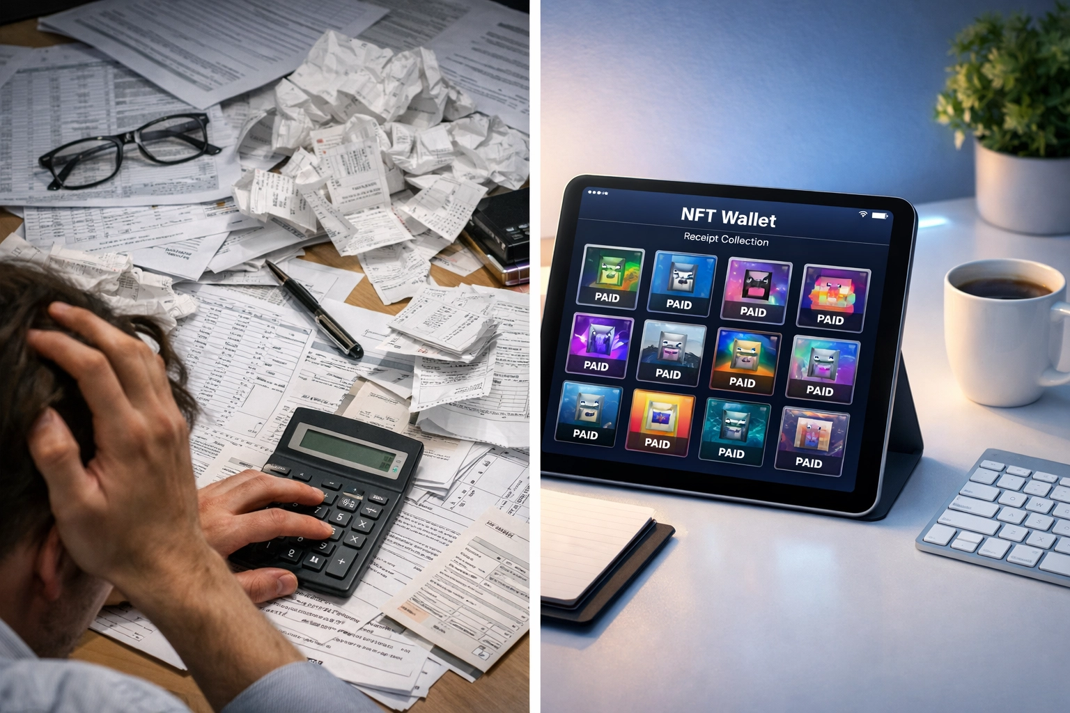 Comparison of traditional paper receipts versus organized digital NFT receipts in crypto wallet