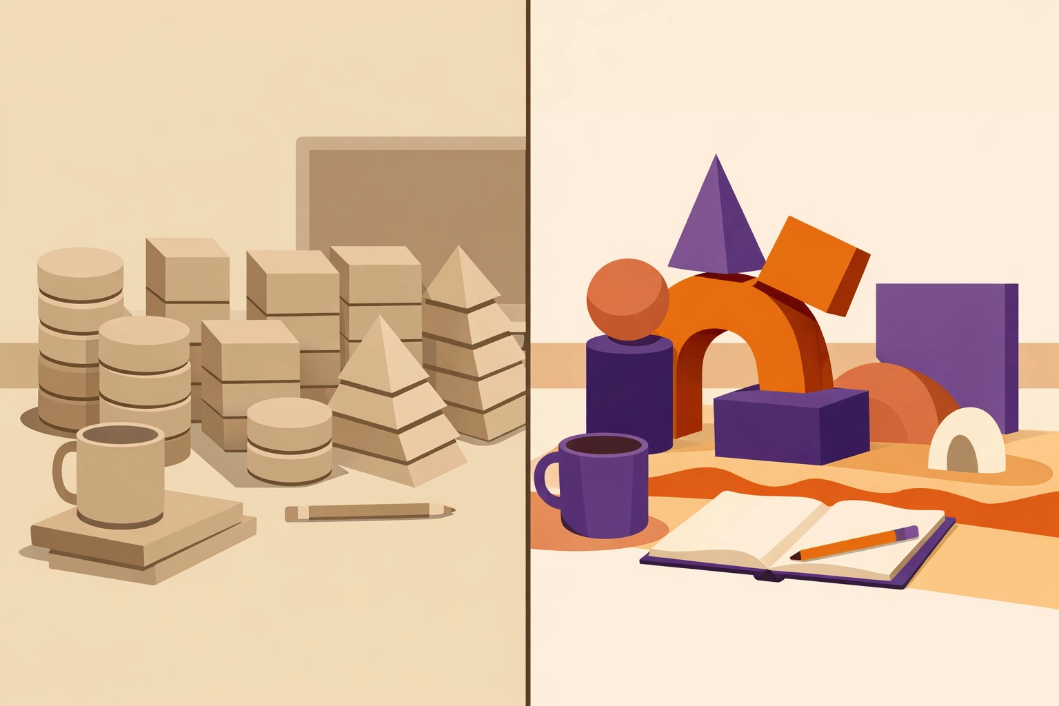 Workspace comparison showing uniform beige shapes versus vibrant original brand designs