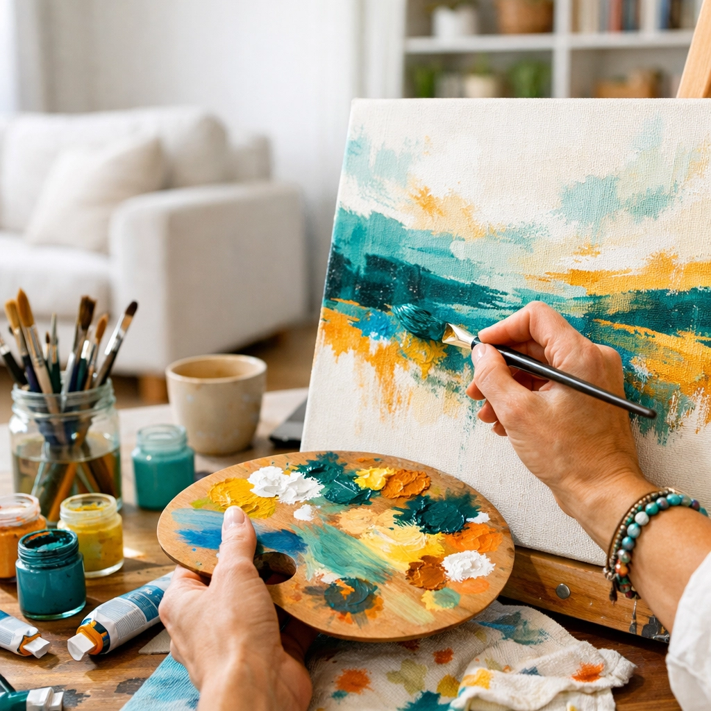 Creative hobby in a clean home studio made possible by consistent weekly house cleaning.