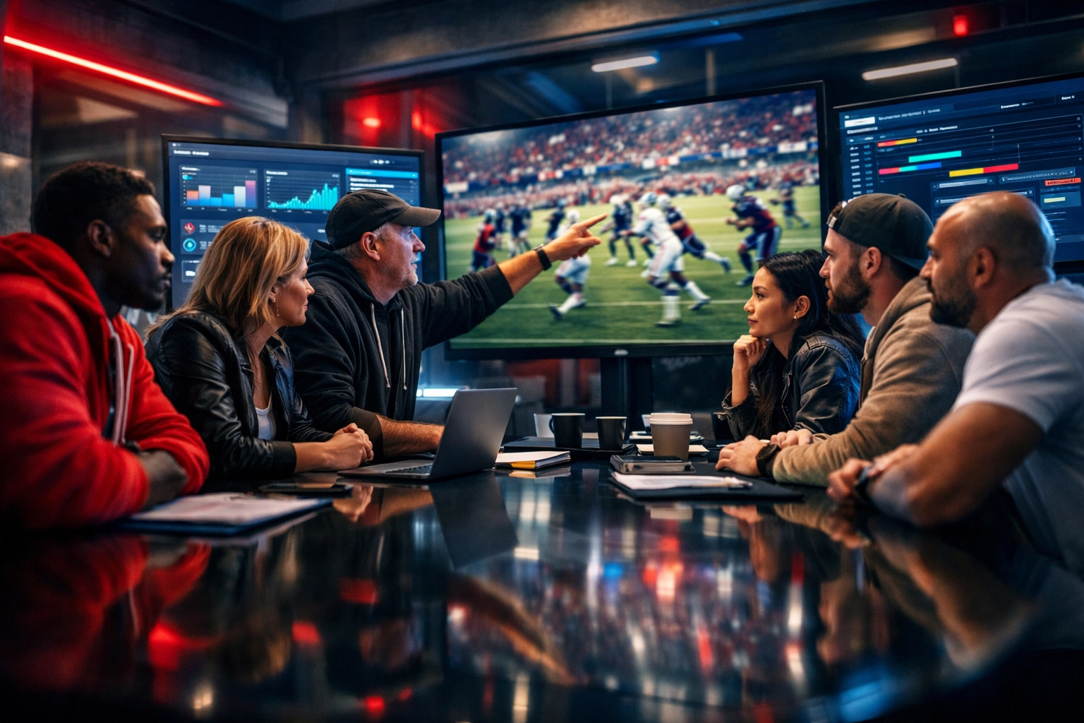 Marketing team monitoring real-time social analytics during a Super Bowl 2026 digital campaign.