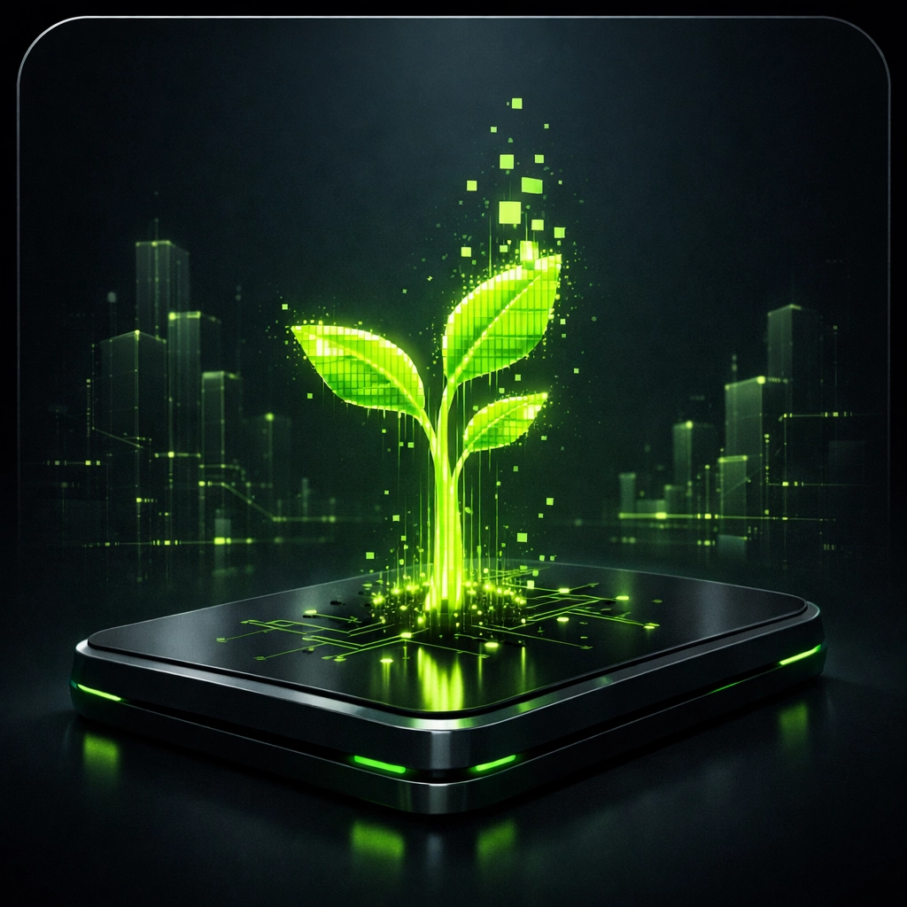 Glowing digital sapling symbolizing business growth and empowering communities mission.