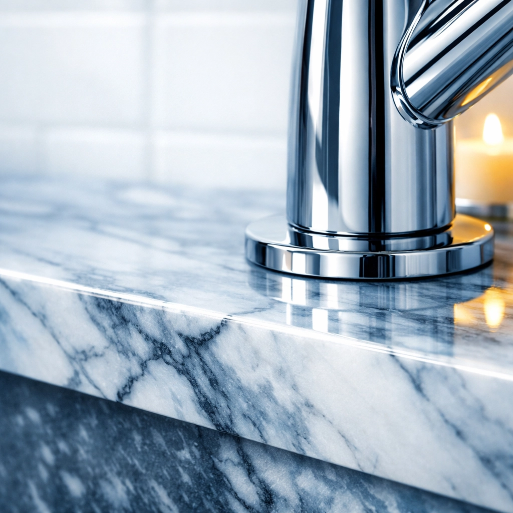 Close-up of a perfectly clean marble countertop and faucet by residential cleaning experts in Leominster MA.