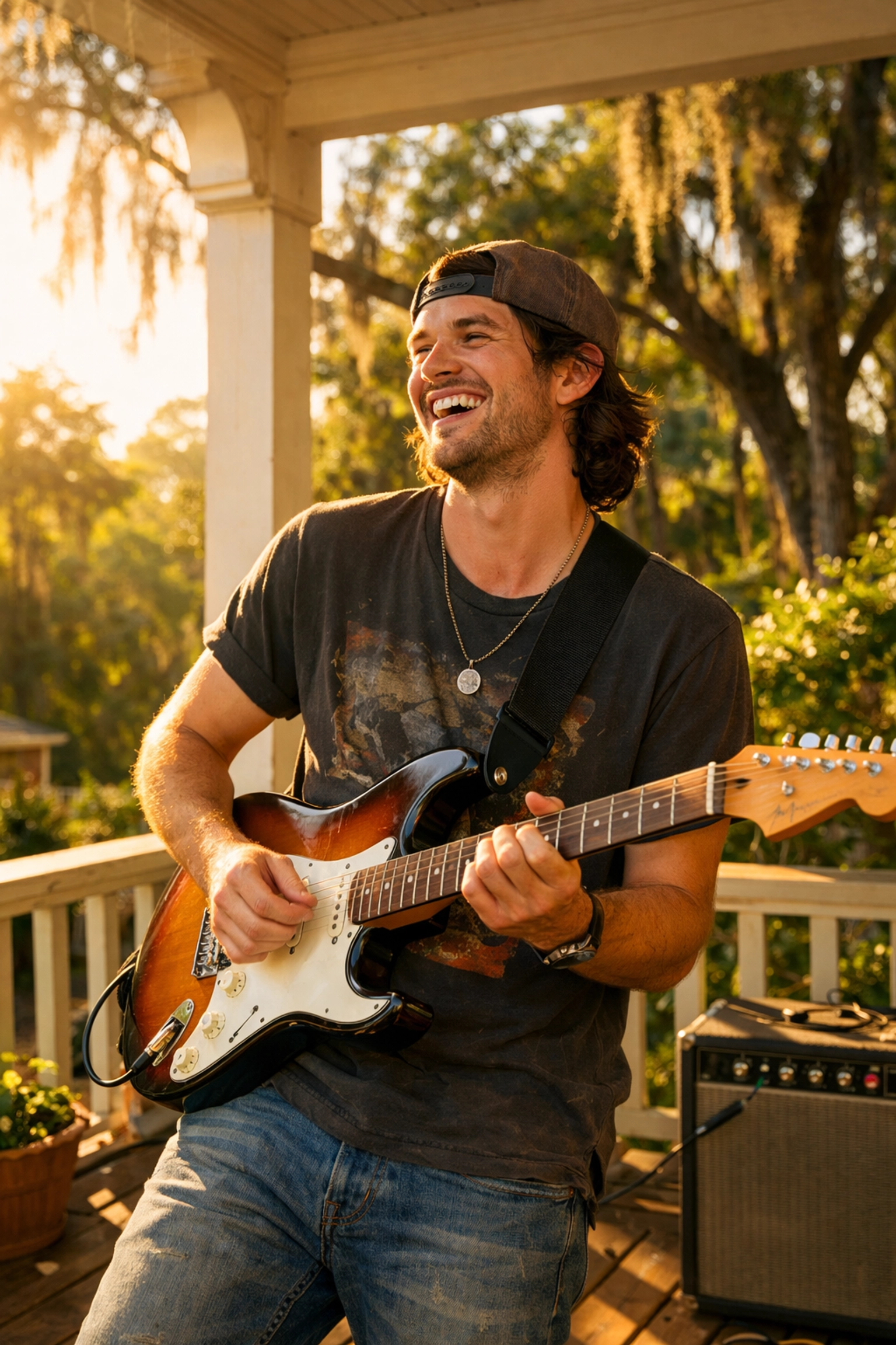 Advanced guitar student playing an electric guitar outdoors in Tallahassee.
