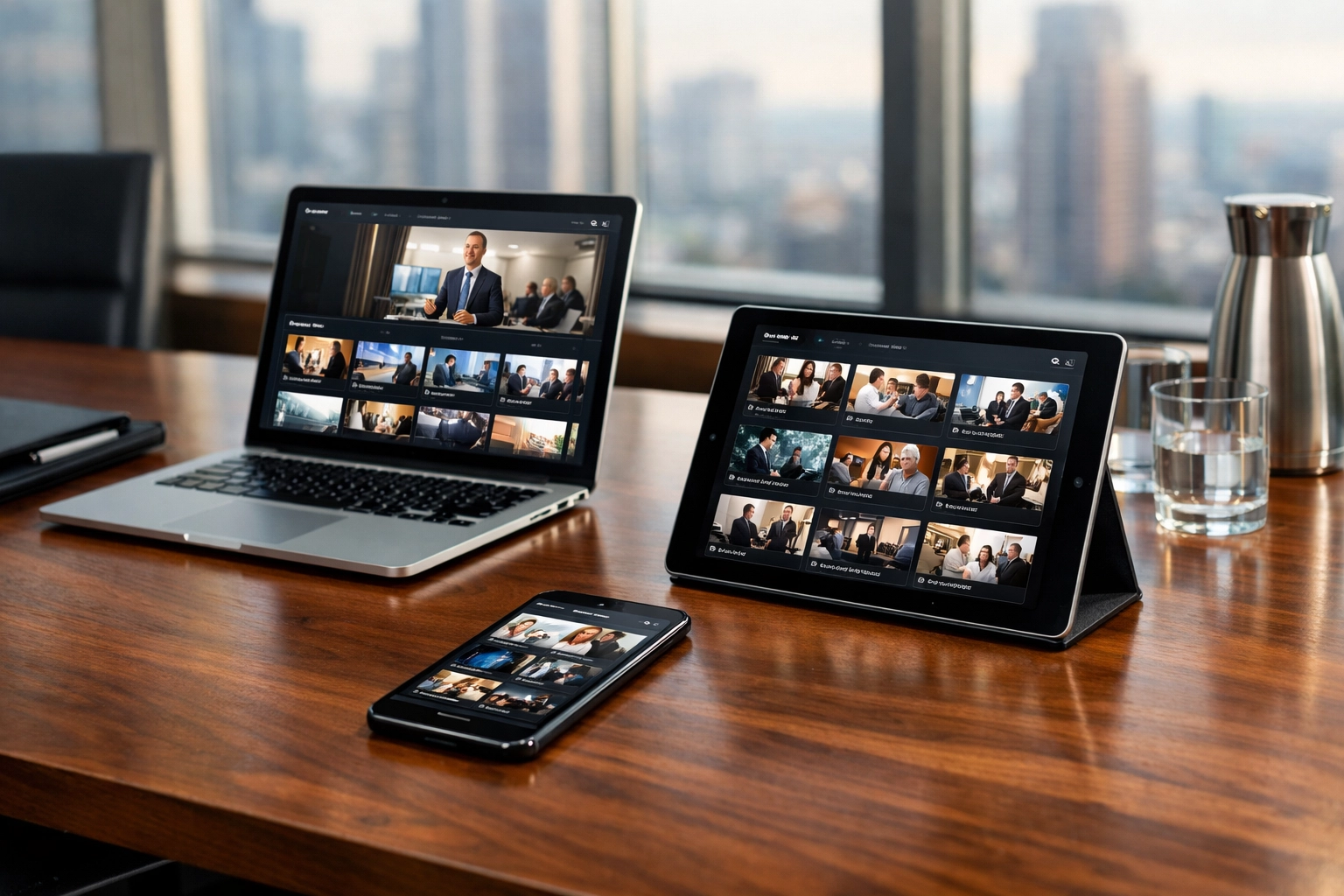 Digital devices displaying media assets for strategic distribution across multiple platforms and audience touchpoints.