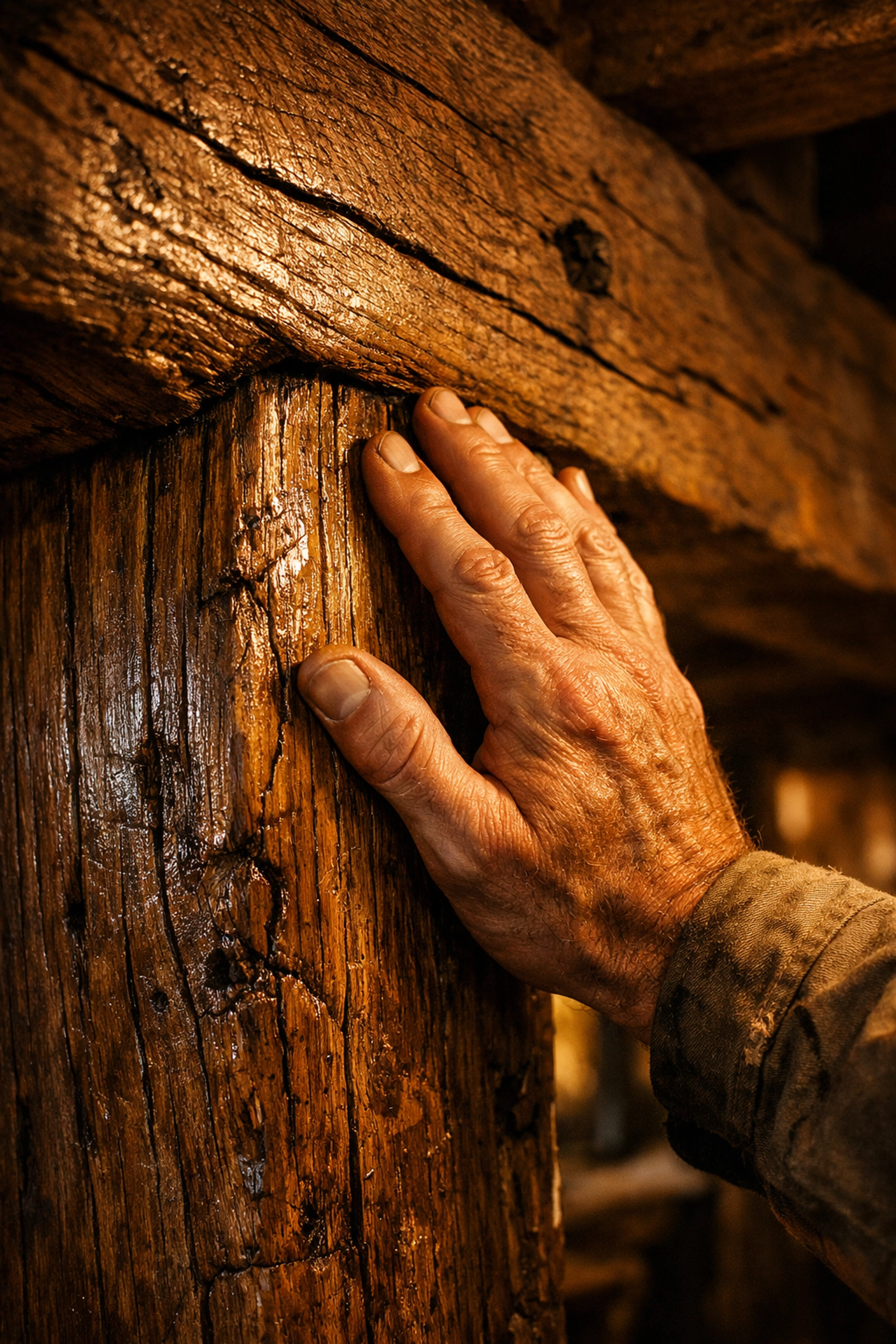 Professional inspection of a historic oak timber beam during a West Sussex cottage renovation project.