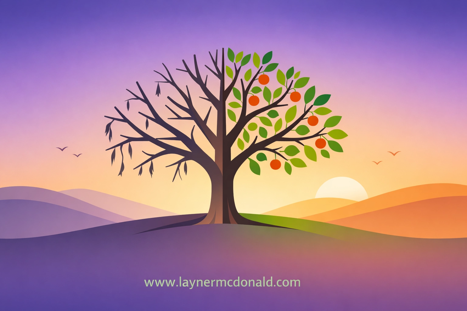 Tree illustrating biblical consequences: wilted branches represent poor choices, flourishing branches show good fruit