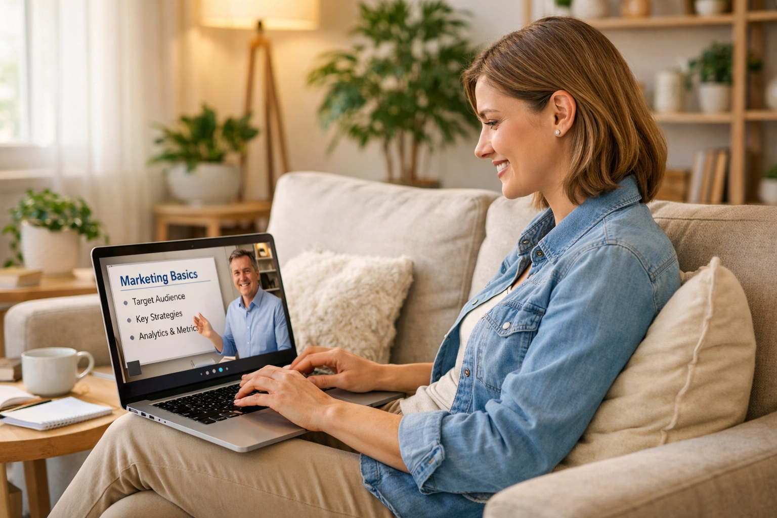 Woman learning online travel advisor training from her living room sofa