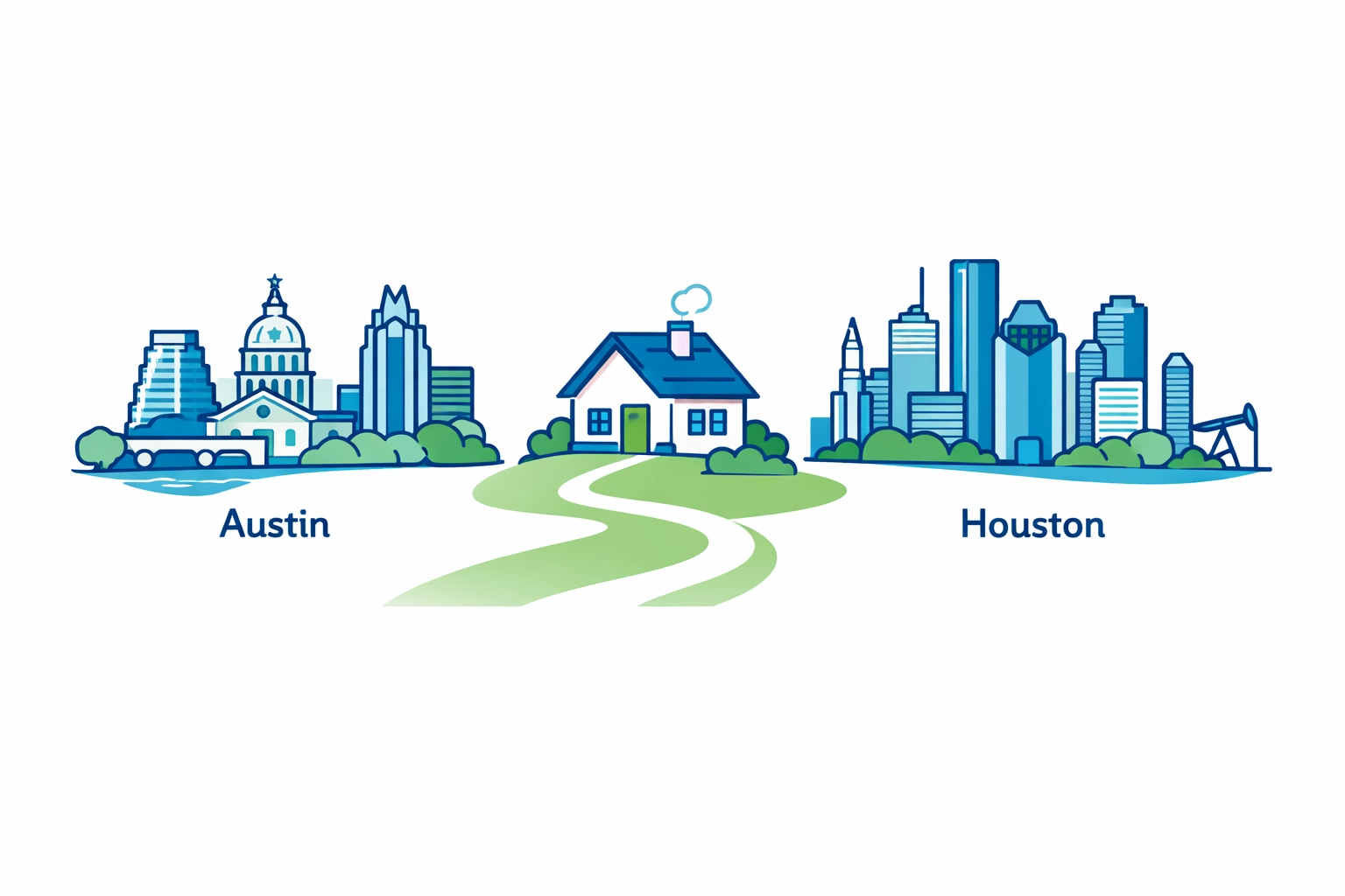 Illustration showing professional home health care services available in both Austin and Houston, Texas.