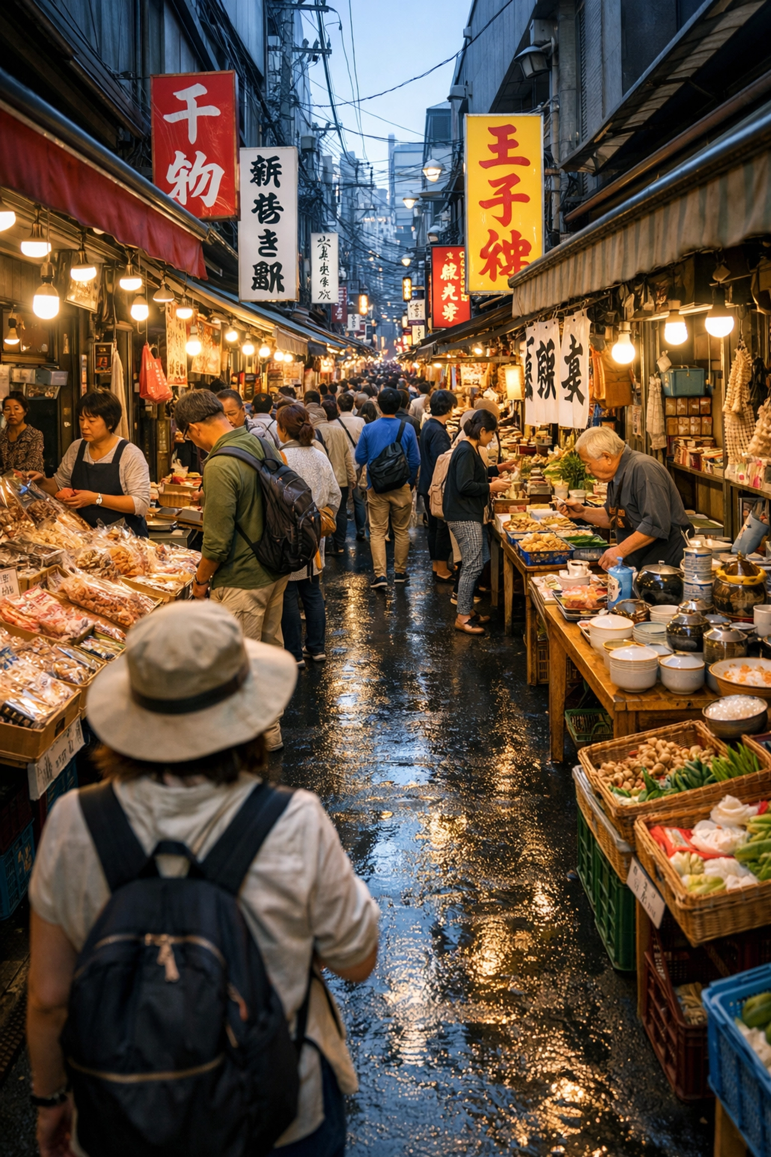 A bustling shopping alley in the Tsukiji Outer Market filled with food stalls and tourists.