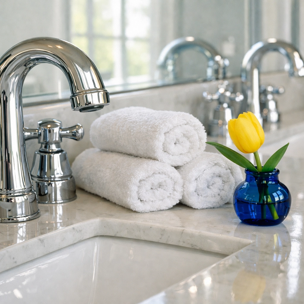 Close-up of a sparkling, clean bathroom vanity in an Acton home from a detailed residential cleaning.