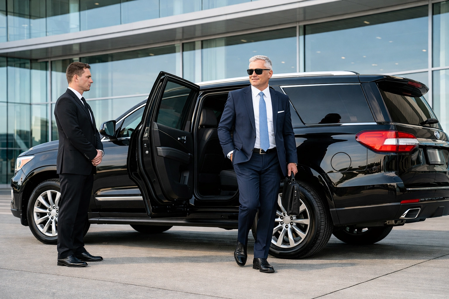 Executive transportation service with a chauffeur and luxury SUV at a private airport.