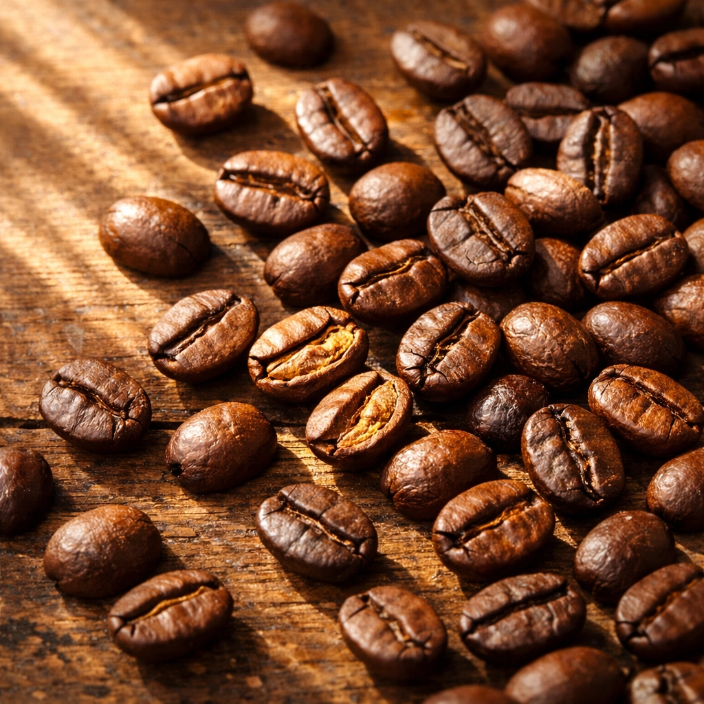 Freshly roasted specialty decaf coffee beans showing rich color and quality texture