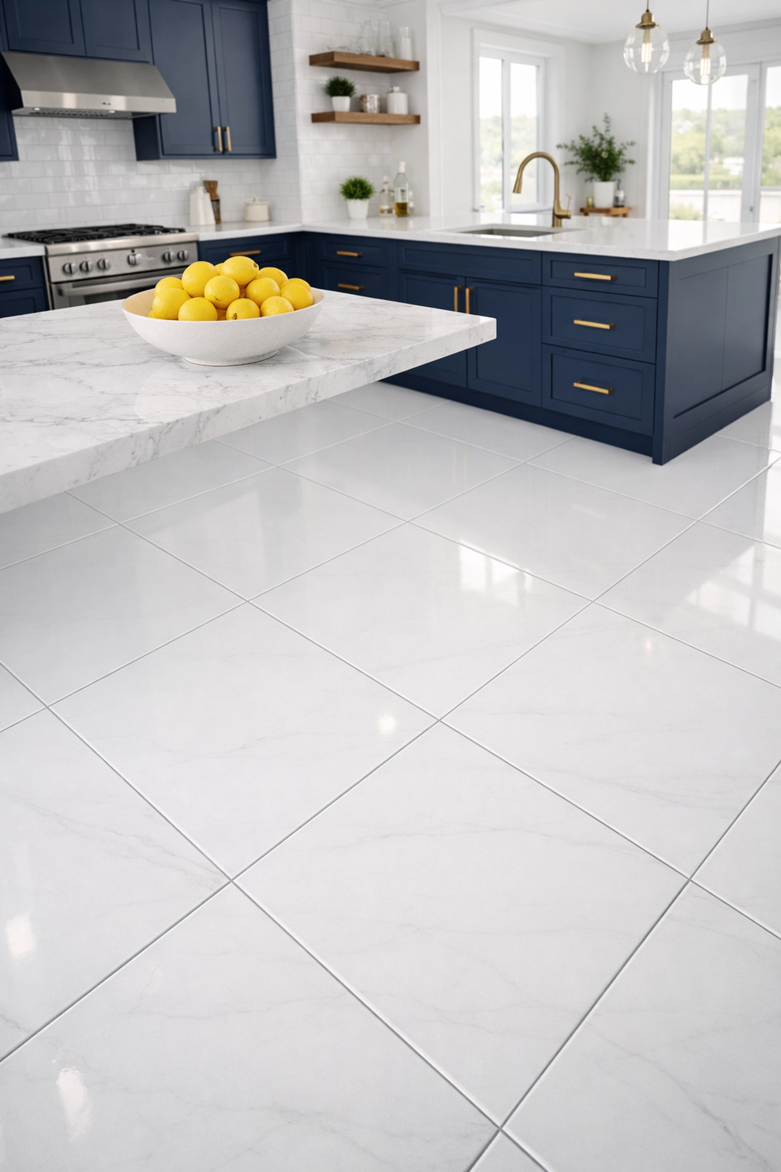 Modern Lunenburg kitchen featuring spotless porcelain tile floors and professionally cleaned grout.