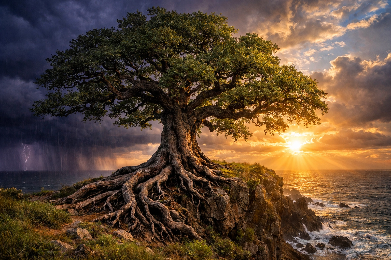 A resilient oak tree standing firm in a storm, representing unshakable peace and hope in God.