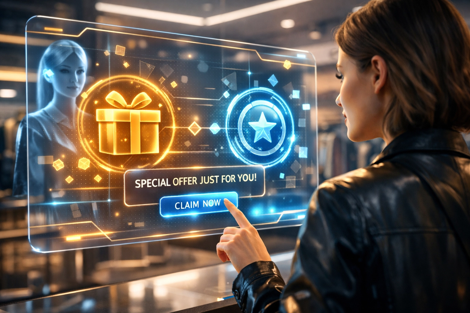 Futuristic AI shopping assistant offering personalized rewards through a digital interface in the metaverse.