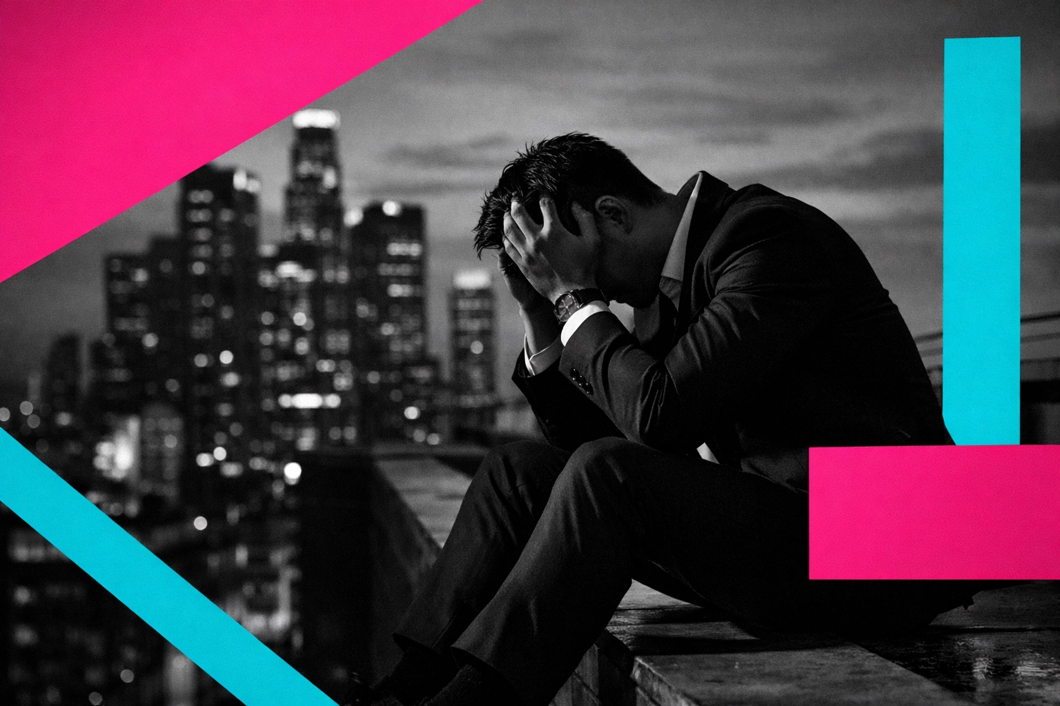 Exhausted urban professional experiencing burnout on city rooftop at dusk