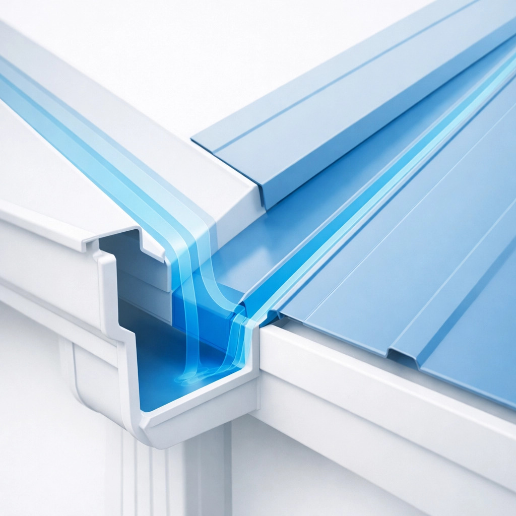Professional metal roofing and guttering intersection showing efficient water drainage.