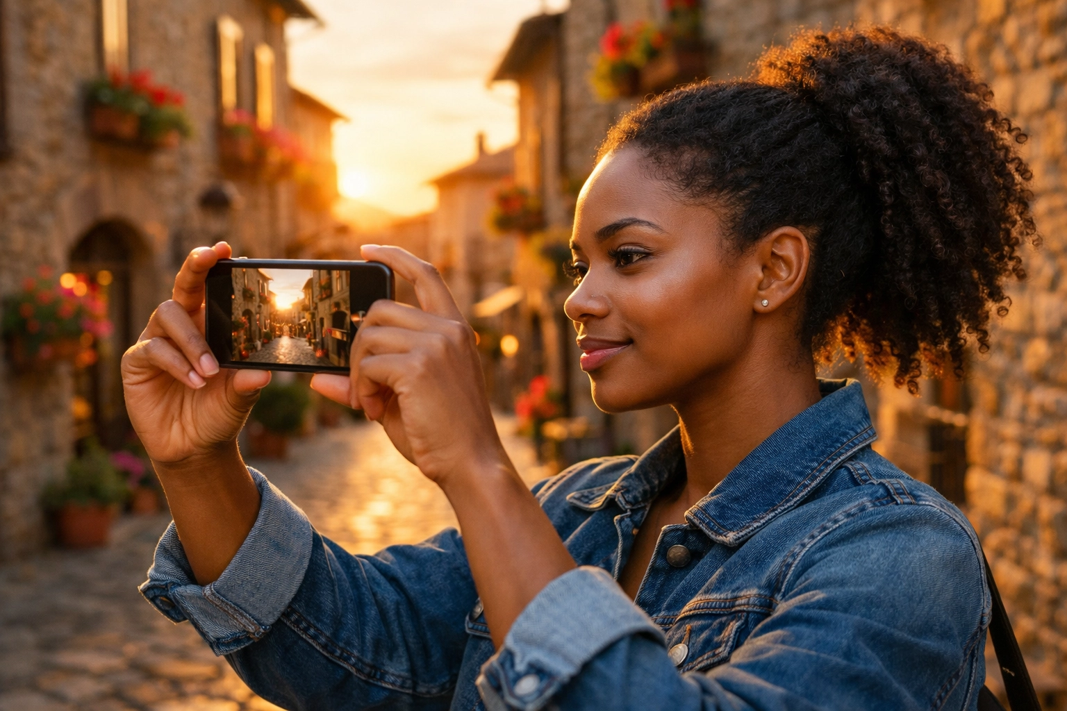 Travel content creator photographing European street with smartphone at golden hour