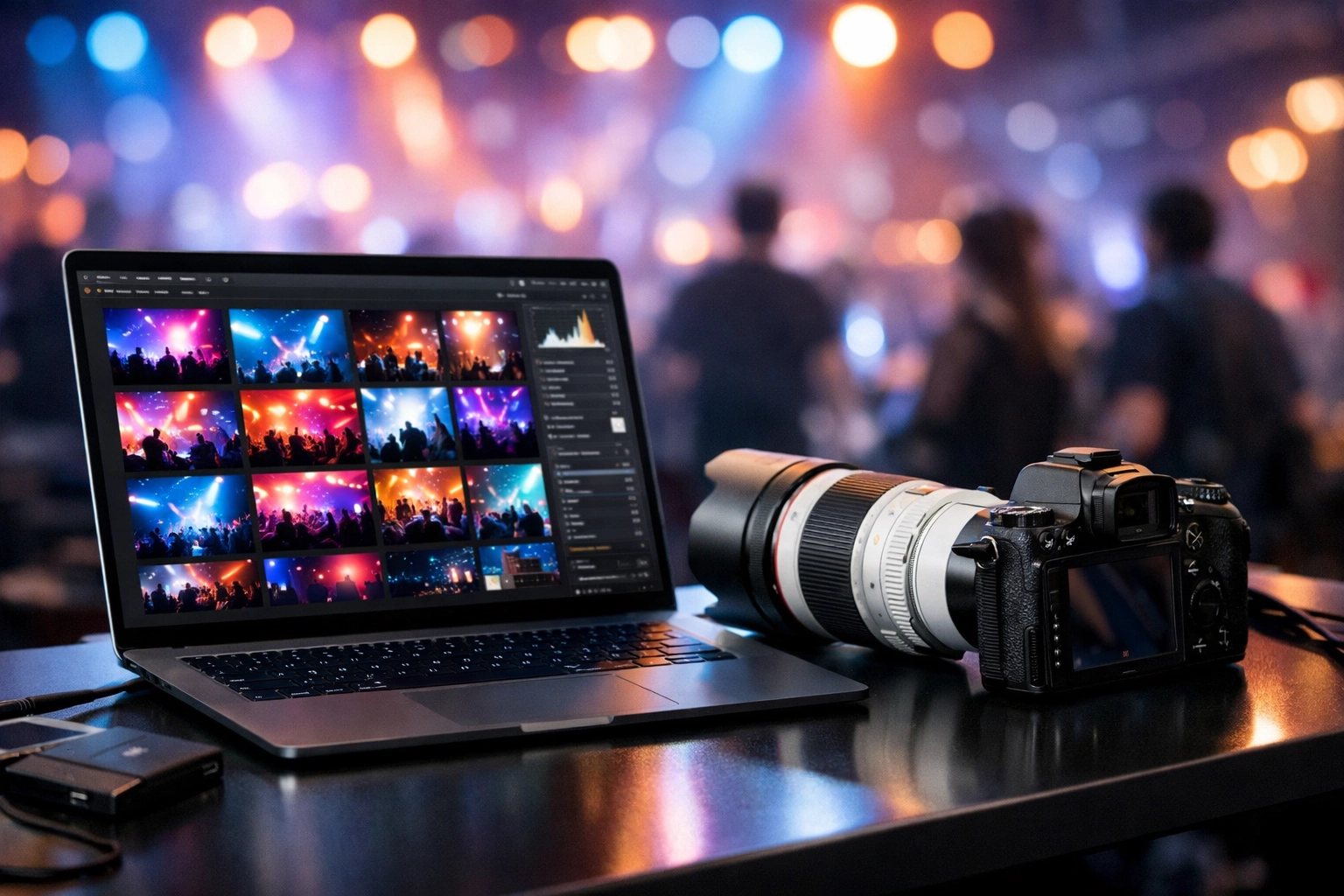 A Miami event photographer editing photos on-site for fast delivery at a corporate conference.