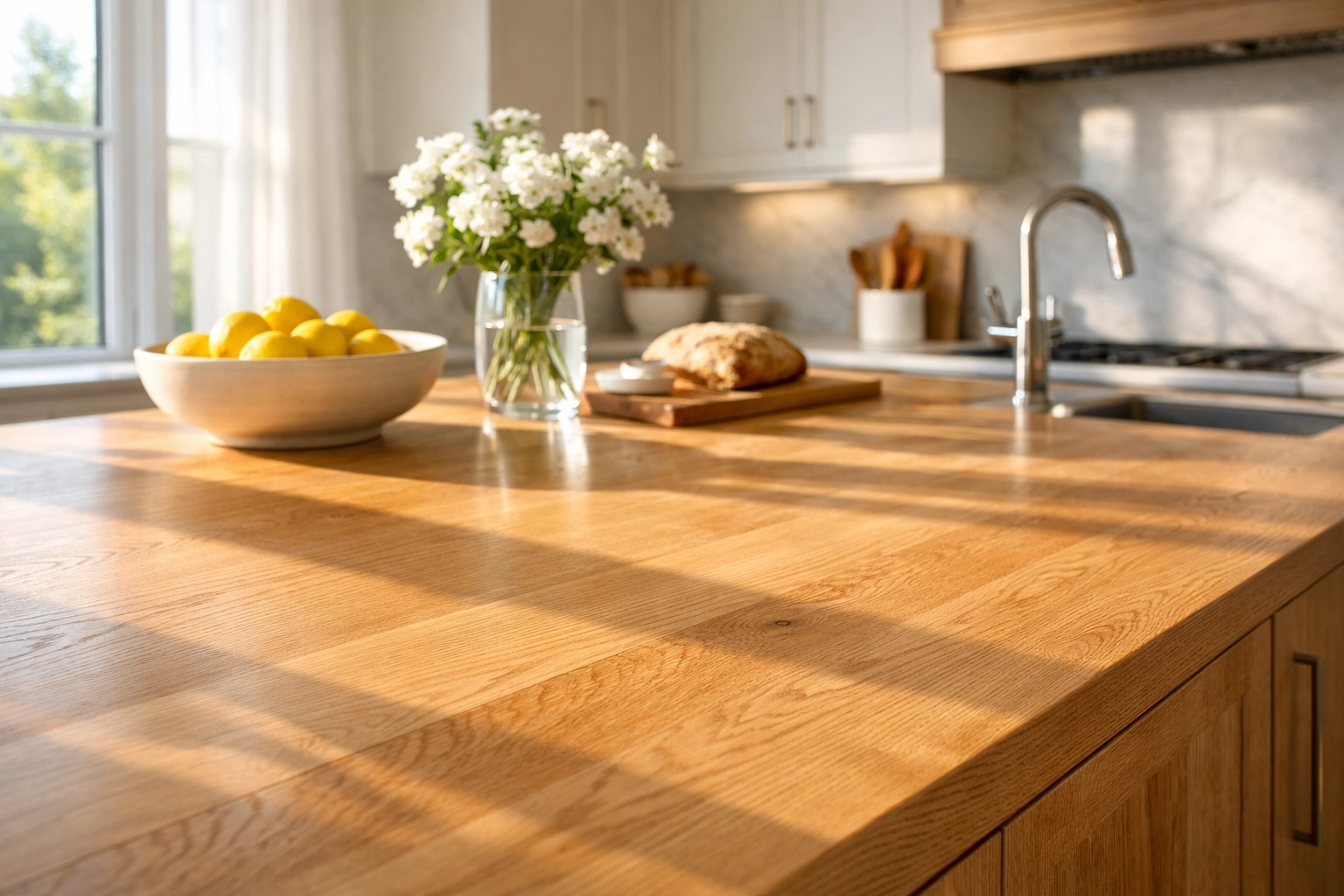 Modern kitchen island with white oak grain and custom cabinets in a sunlit Minnesota kitchen.
