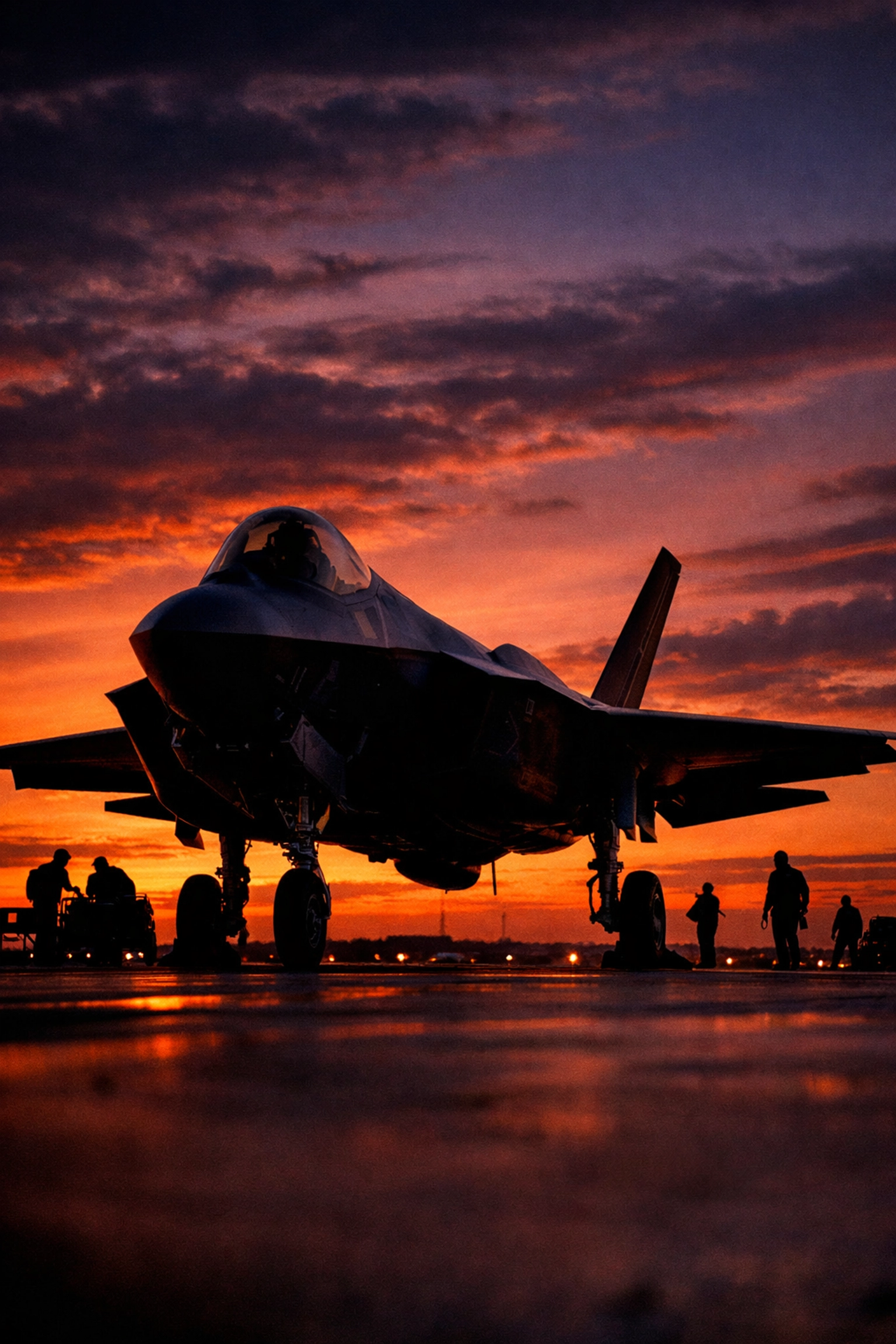 F-35A stealth fighter jet on tarmac at dusk with military ground crew preparing for deployment