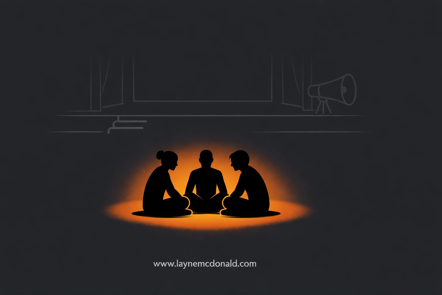 Stylized figures in a circle of light representing deep connection and relational church community building.