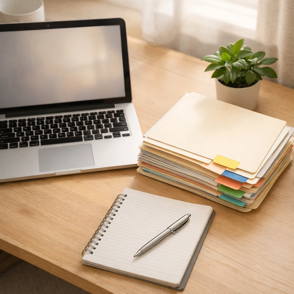 Clean organized desk workspace showing completed QuickBooks cleanup with organized file folders