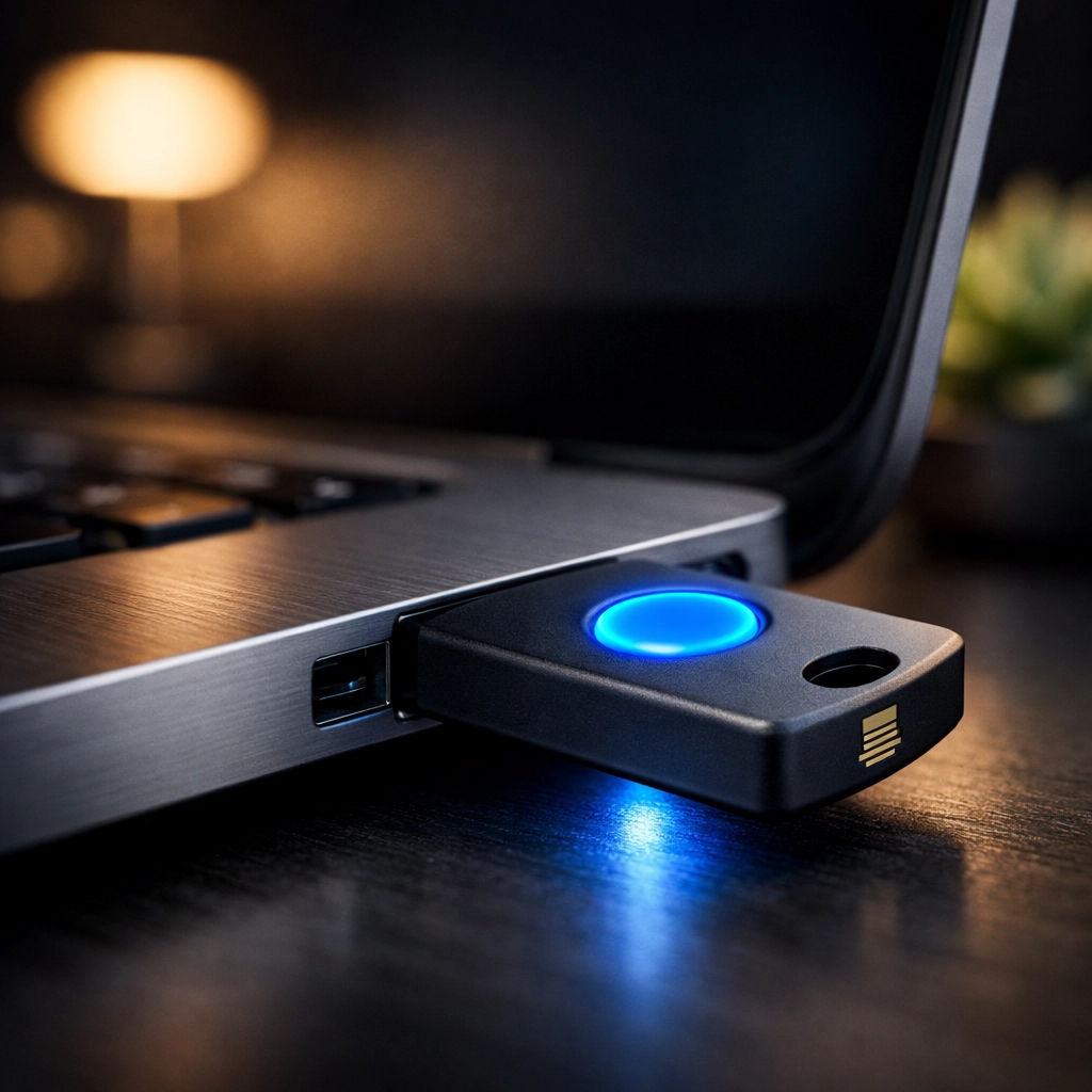 Hardware security key plugged into a laptop for secure, phishing-resistant multi-factor authentication.