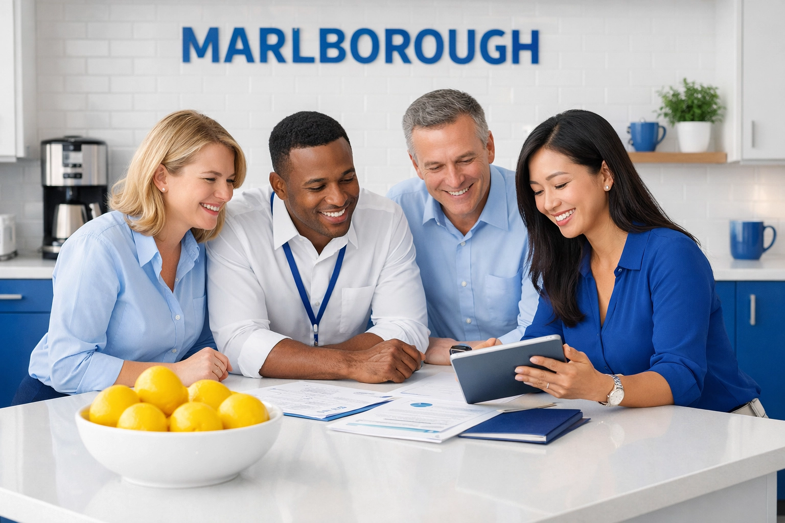 Employees enjoying a clean breakroom after professional office cleaning in Marlborough.