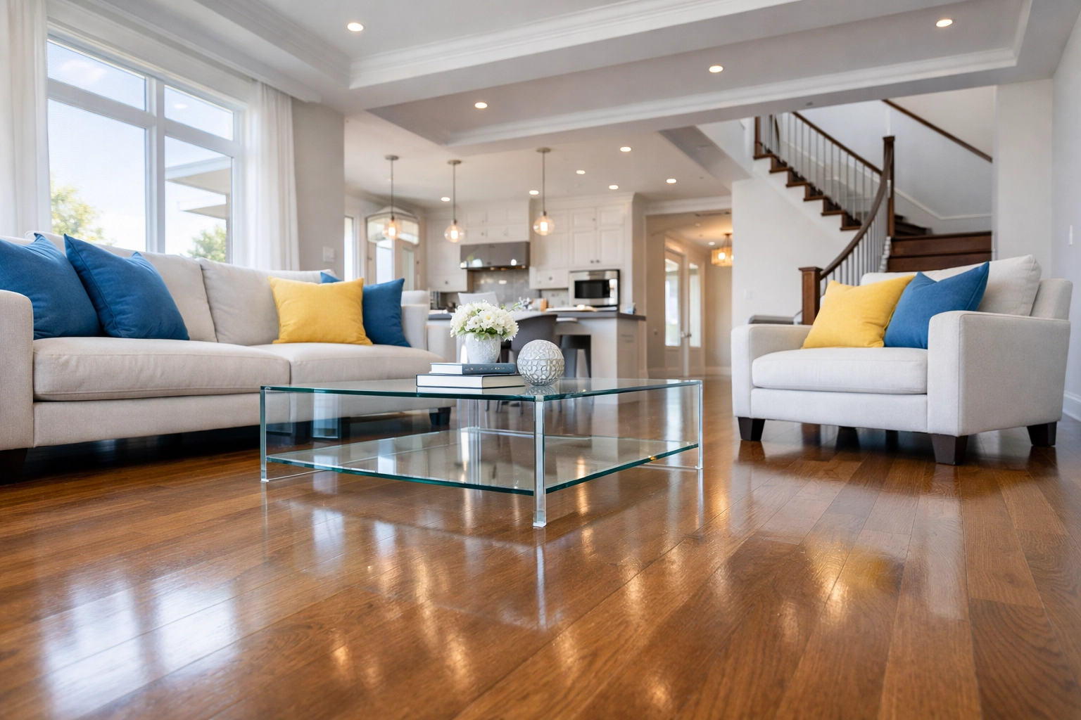 A sparkling clean Wellesley living room with polished hardwood floors after a deep cleaning Wellesley MA session.