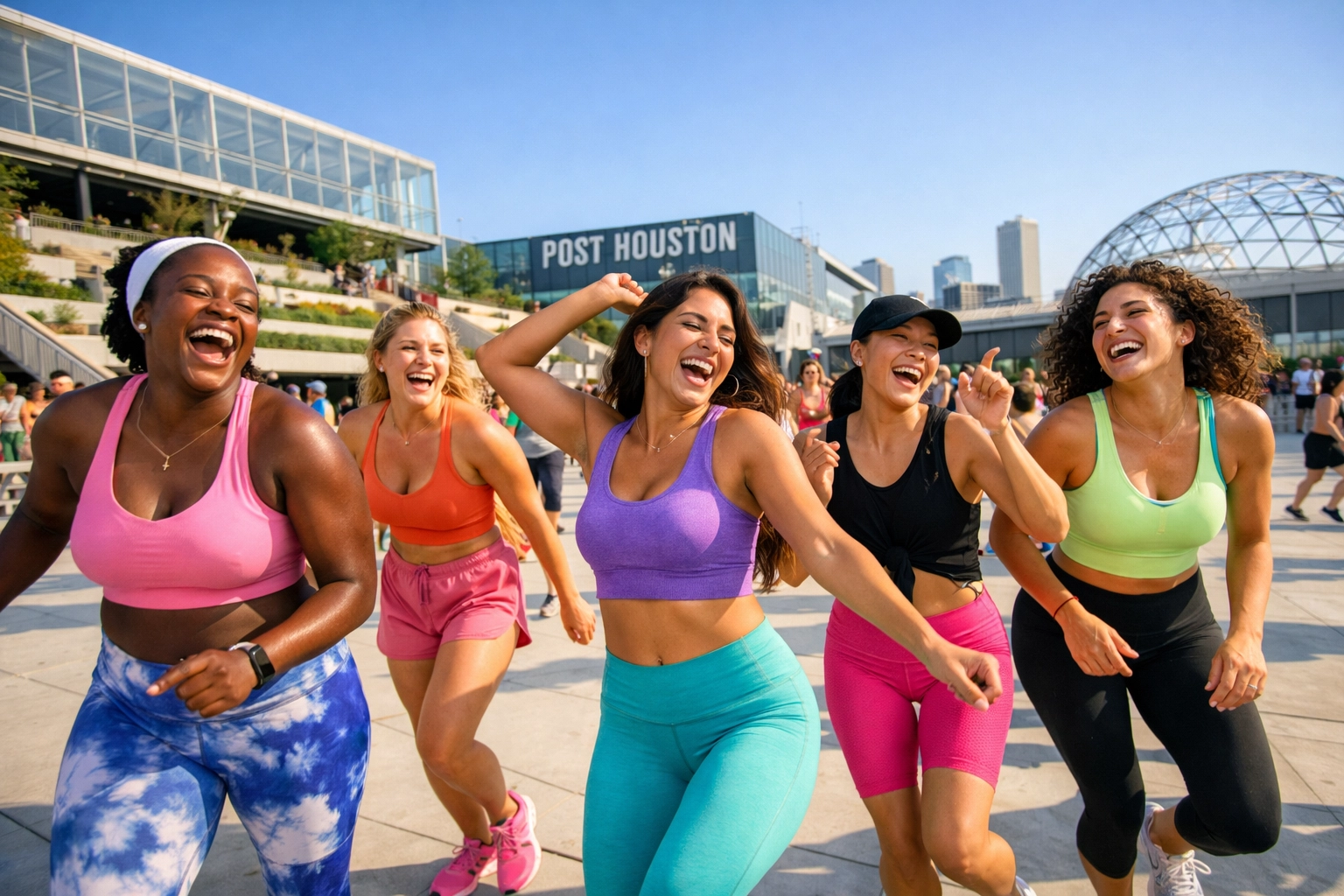 Women enjoying joyful movement and community fitness at an outdoor Houston walking group event.