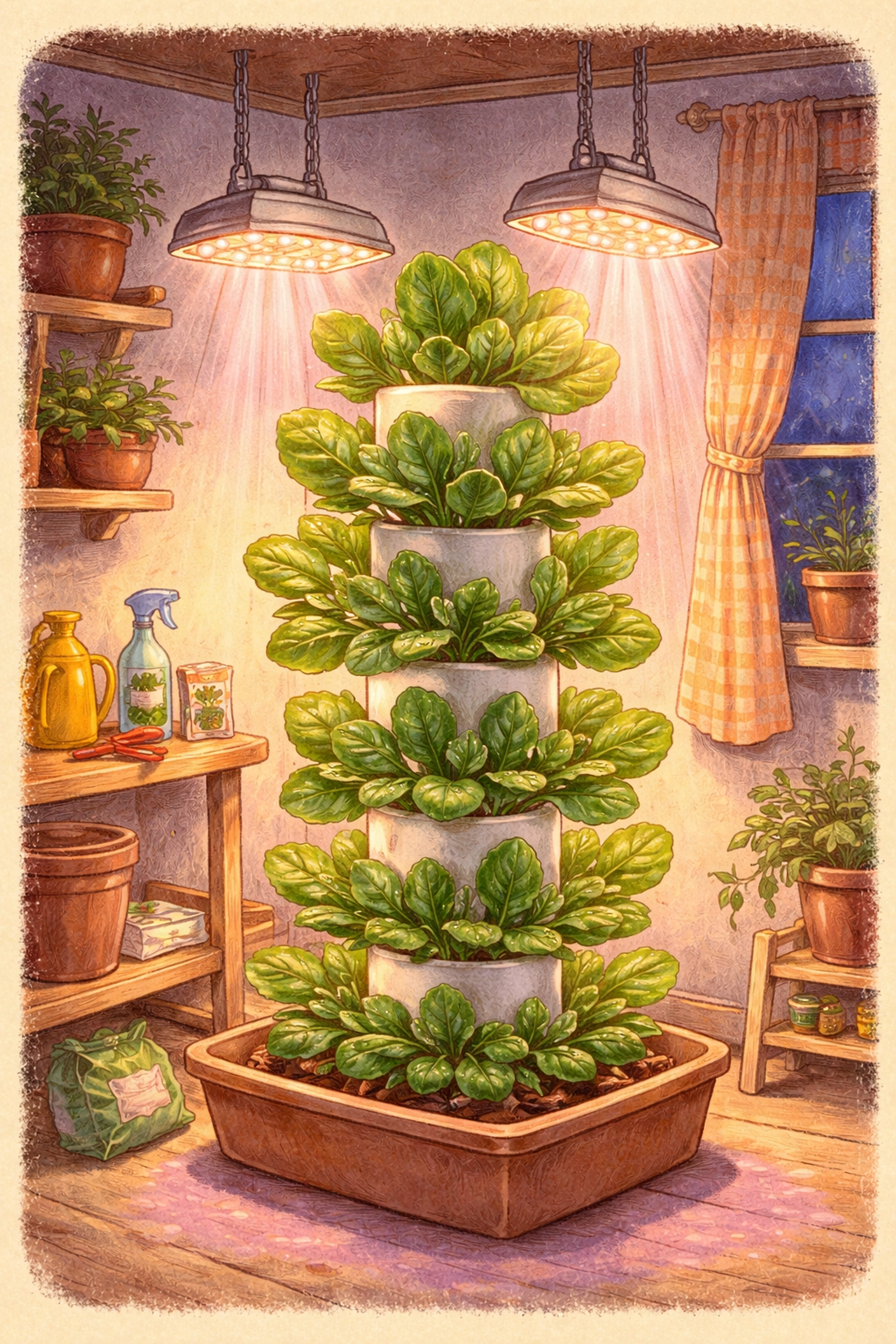 Indoor vertical spinach tower under gentle LED grow lights, demonstrating correct lighting for aeroponic spinach growth